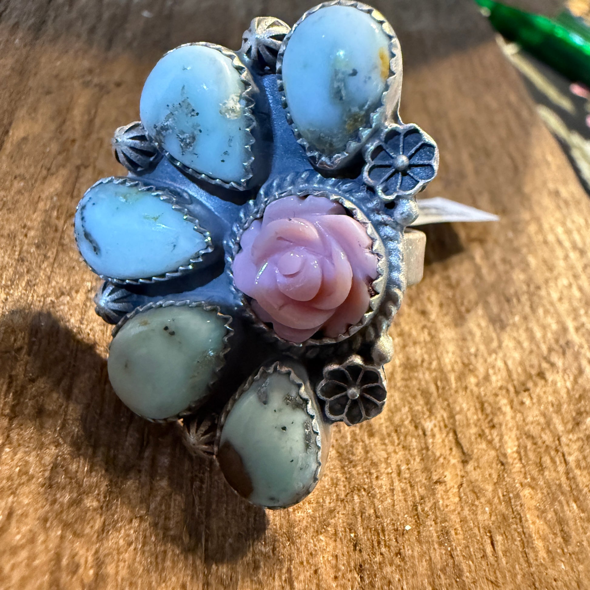 Pink Conch And Palomino Half Cluster Adjustable Ring Sterling Silver Wild West Boho
