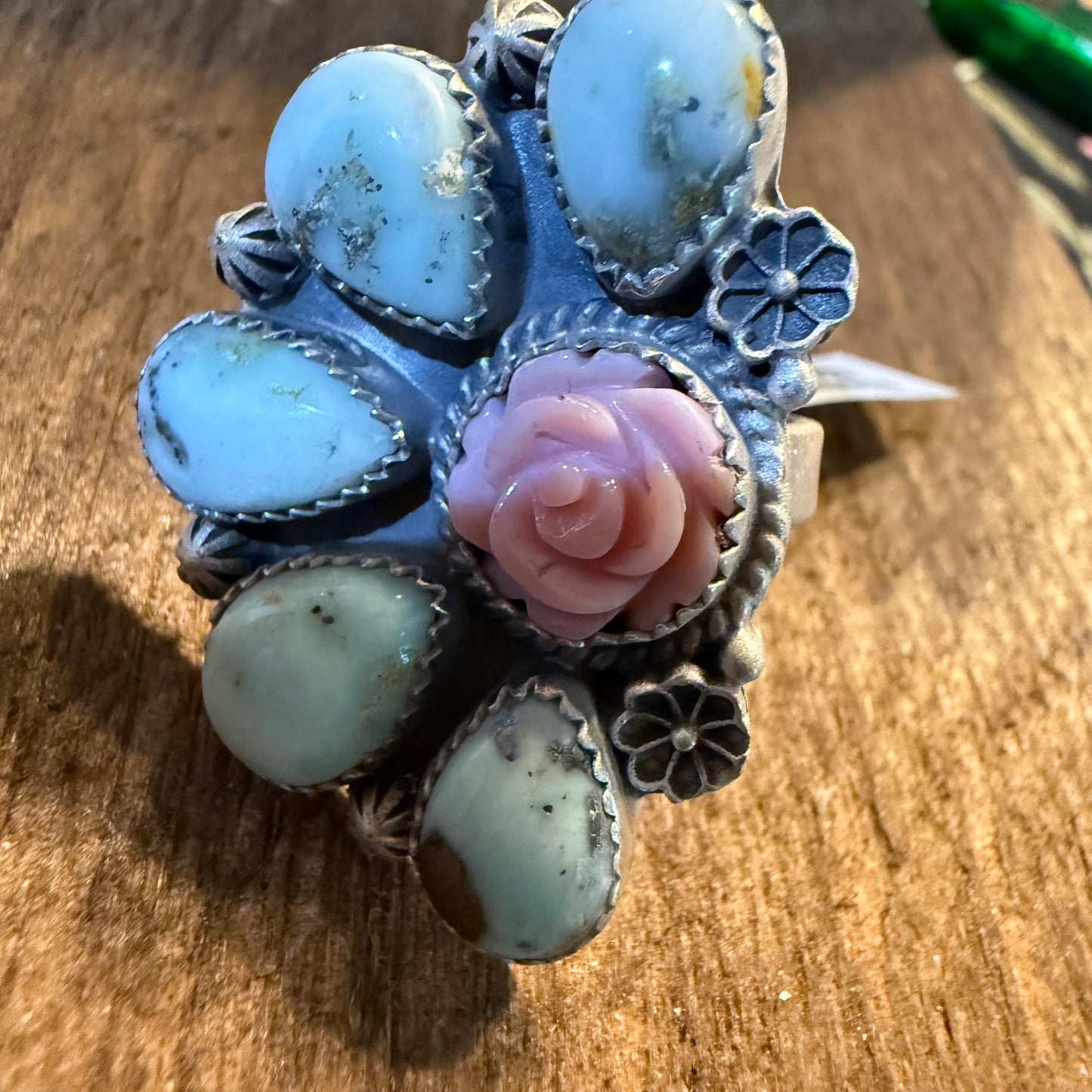 Pink Conch And Palomino Half Cluster Adjustable Ring Sterling Silver Wild West Boho