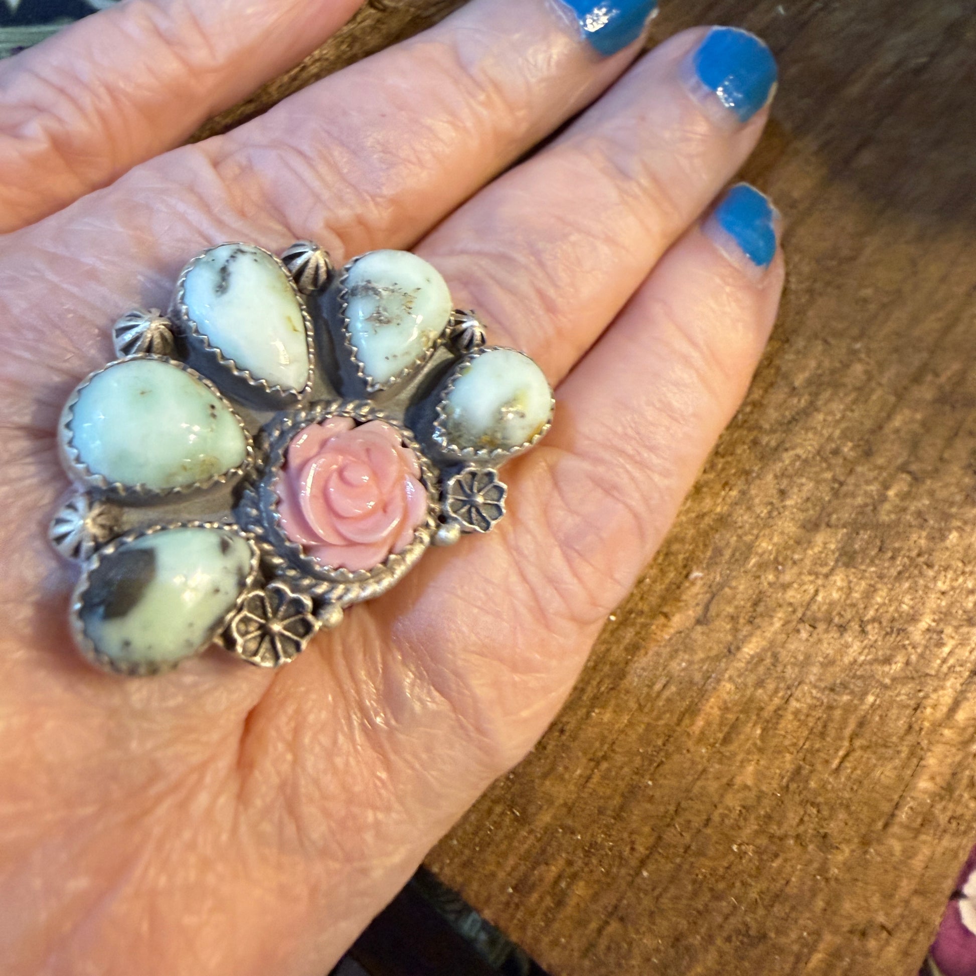 Pink Conch And Palomino Half Cluster Adjustable Ring Sterling Silver Wild West Boho