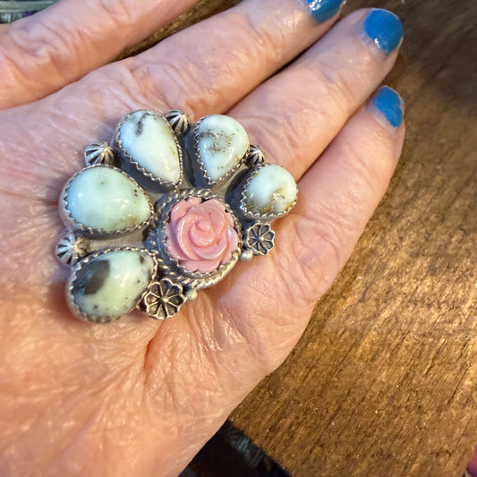 Pink Conch And Palomino Half Cluster Adjustable Ring Sterling Silver Wild West Boho