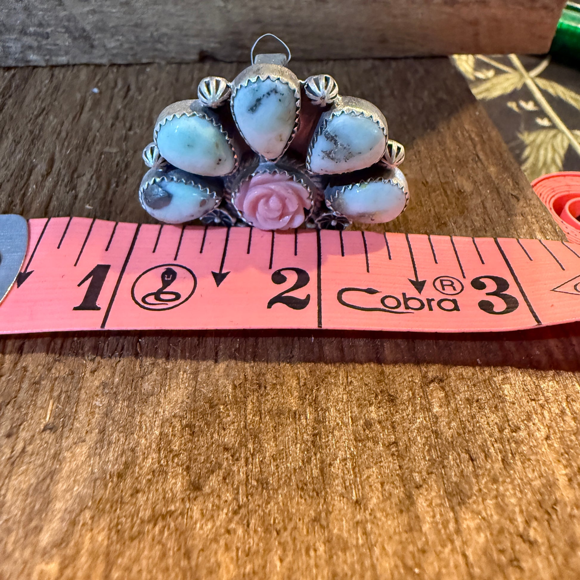Pink Conch And Palomino Half Cluster Adjustable Ring Sterling Silver Wild West Boho