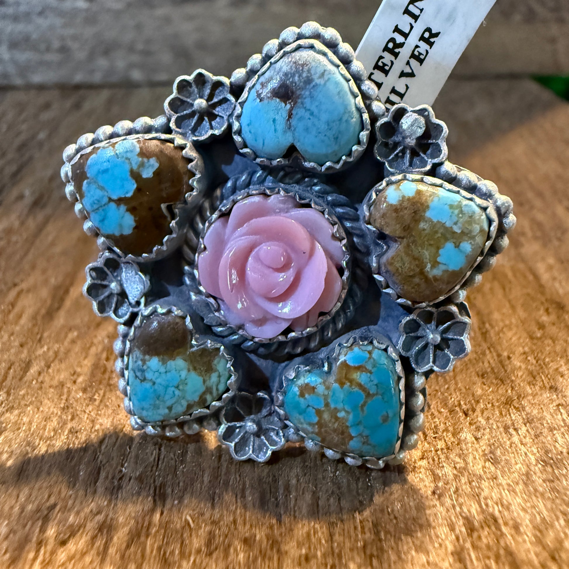 Mine Number 8 Turquoise And Pink Conch Floral Cluster Adjustable Sterling Silver Ring Wild West Boho