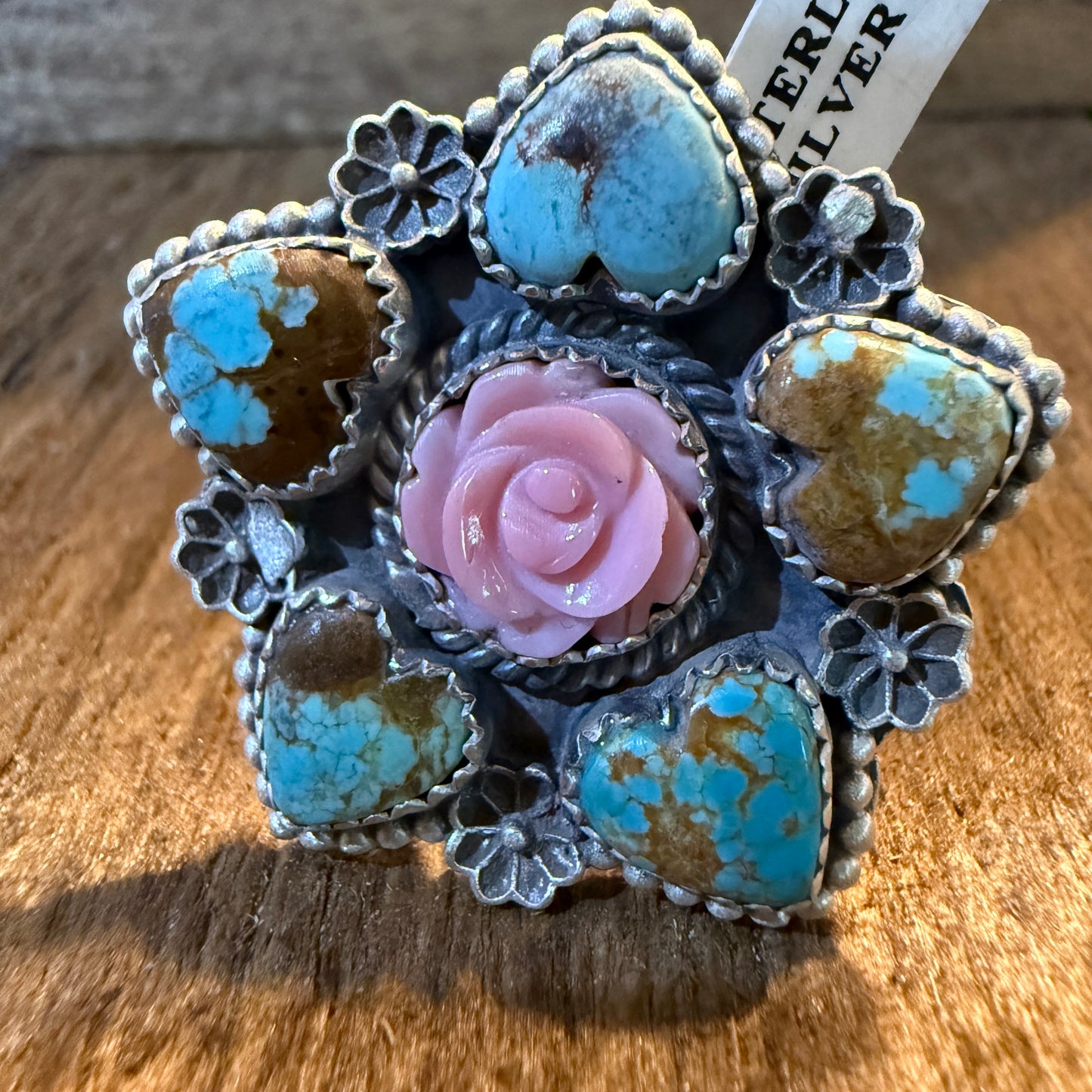 Mine Number 8 Turquoise And Pink Conch Floral Cluster Adjustable Sterling Silver Ring Wild West Boho
