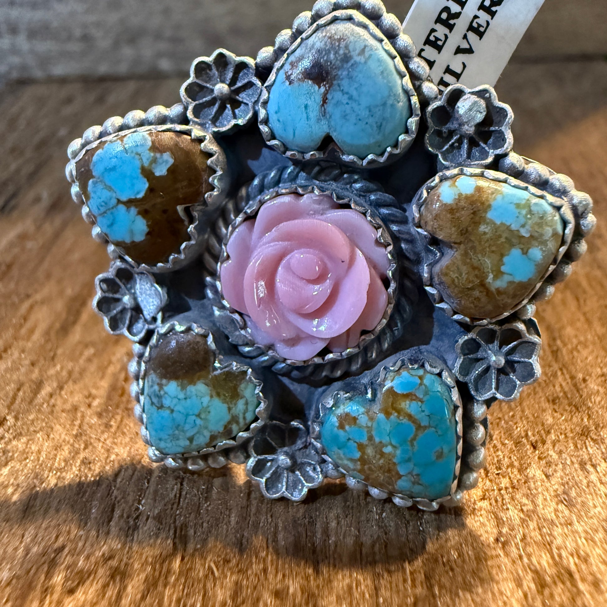 Mine Number 8 Turquoise And Pink Conch Floral Cluster Adjustable Sterling Silver Ring Wild West Boho