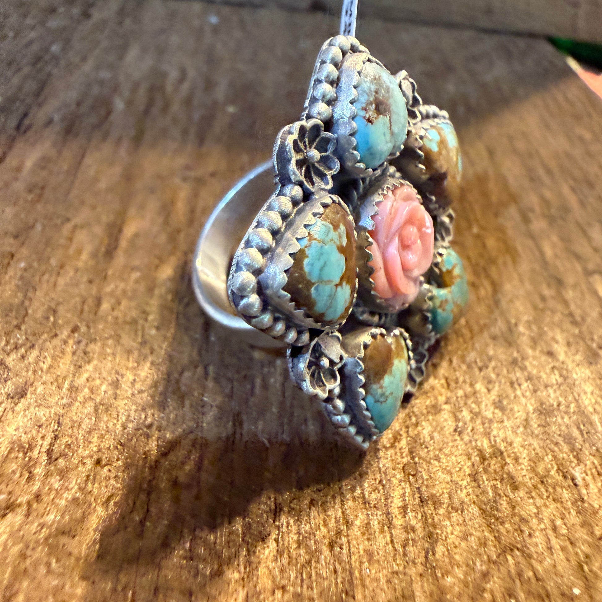 Mine Number 8 Turquoise And Pink Conch Floral Cluster Adjustable Sterling Silver Ring Wild West Boho
