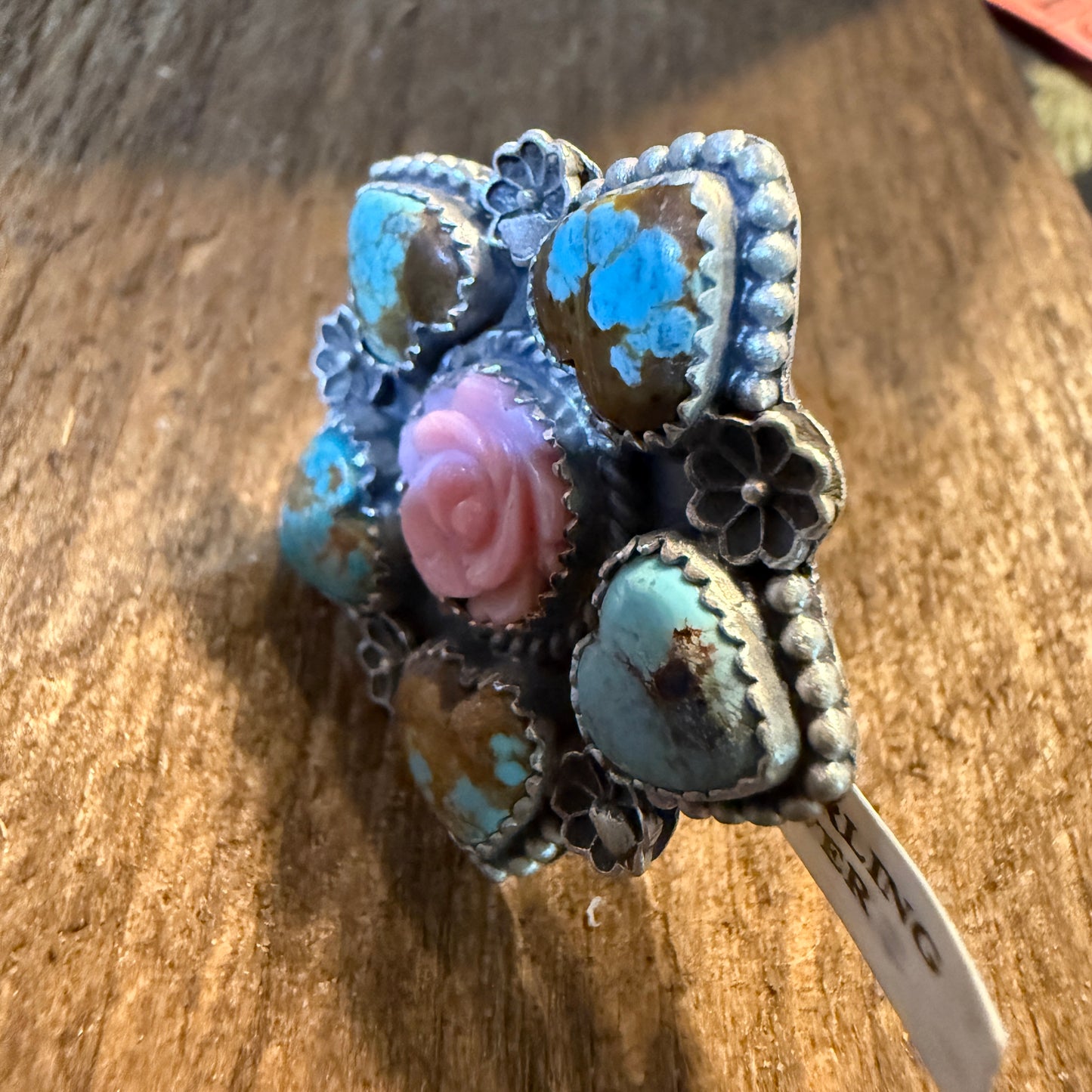 Mine Number 8 Turquoise And Pink Conch Floral Cluster Adjustable Sterling Silver Ring Wild West Boho