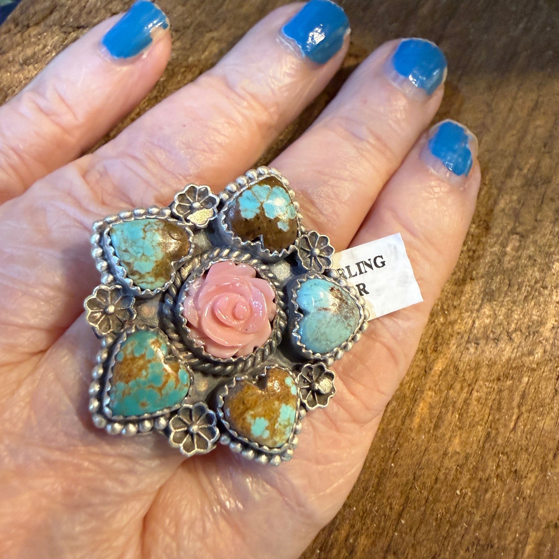 Mine Number 8 Turquoise And Pink Conch Floral Cluster Adjustable Sterling Silver Ring Wild West Boho