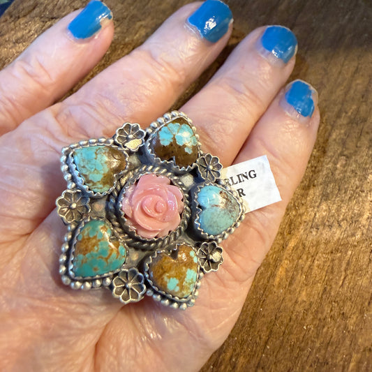 Mine Number 8 Turquoise And Pink Conch Floral Cluster Adjustable Sterling Silver Ring Wild West Boho