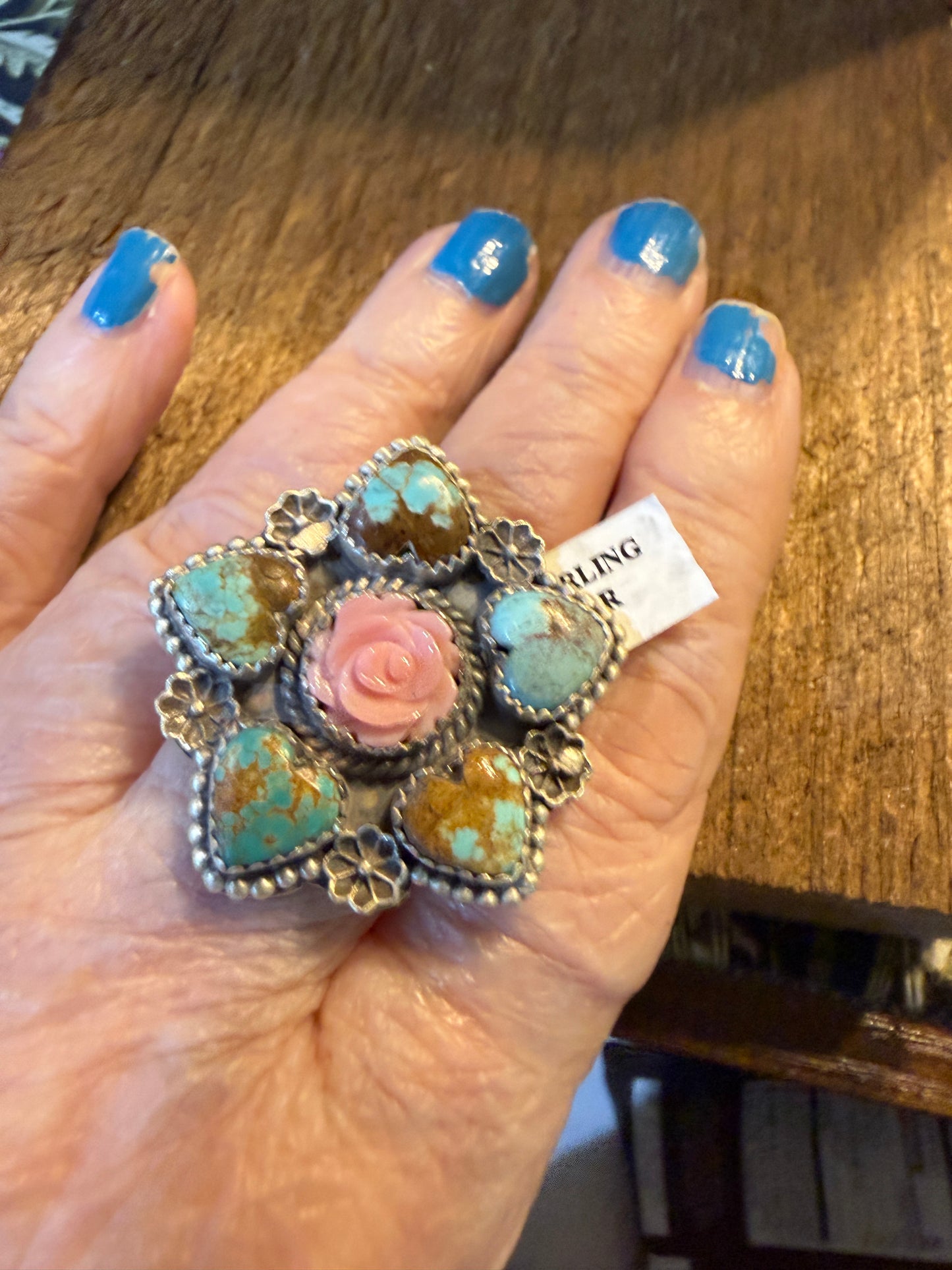 Mine Number 8 Turquoise And Pink Conch Floral Cluster Adjustable Sterling Silver Ring Wild West Boho
