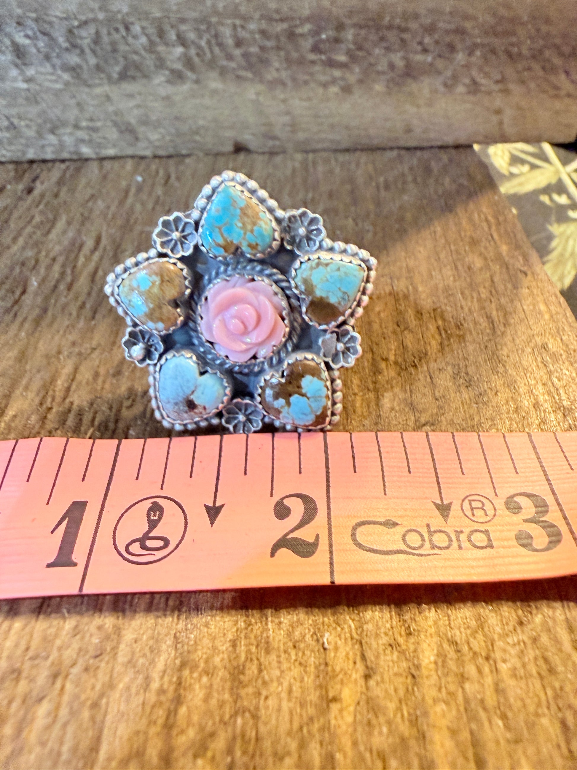 Mine Number 8 Turquoise And Pink Conch Floral Cluster Adjustable Sterling Silver Ring Wild West Boho