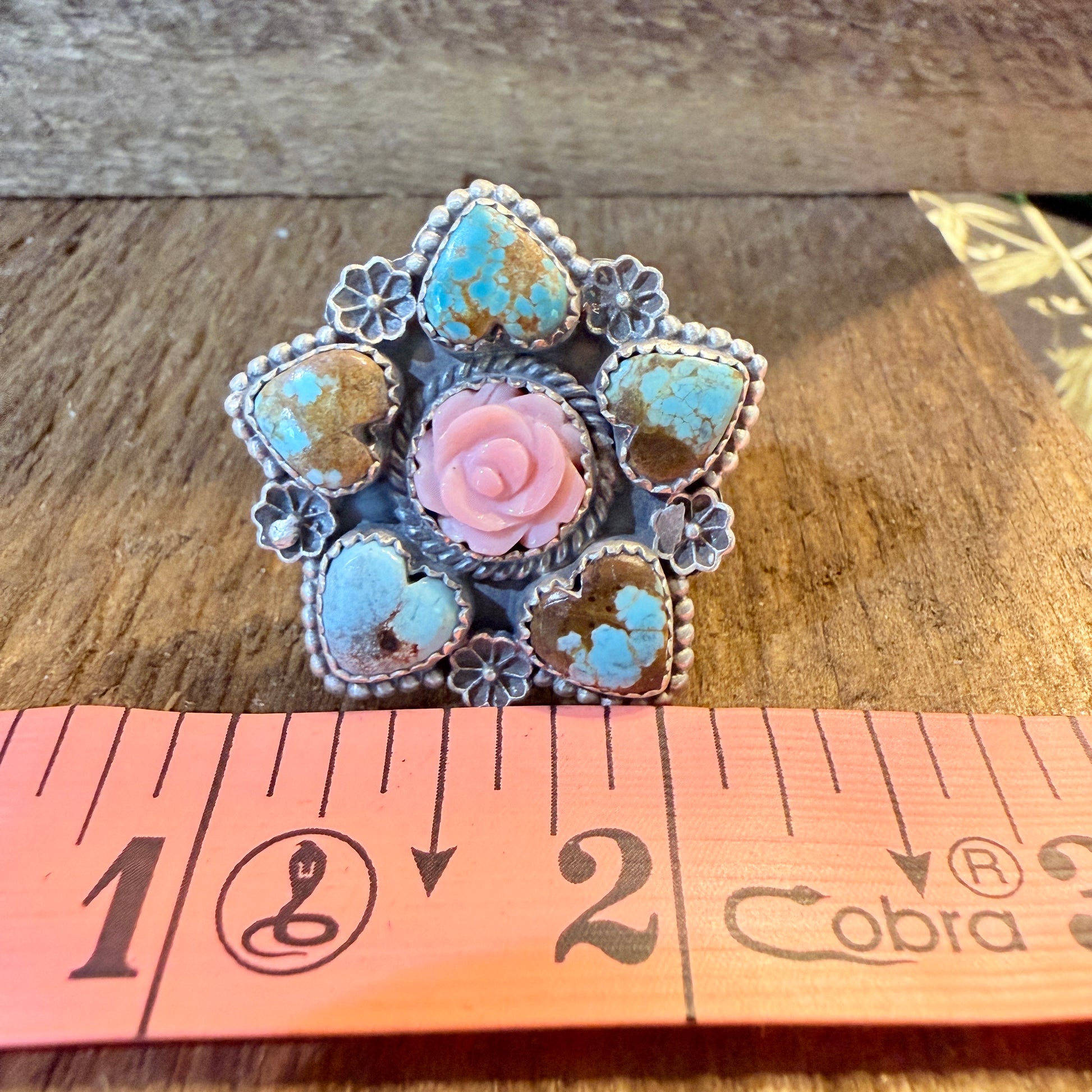 Mine Number 8 Turquoise And Pink Conch Floral Cluster Adjustable Sterling Silver Ring Wild West Boho