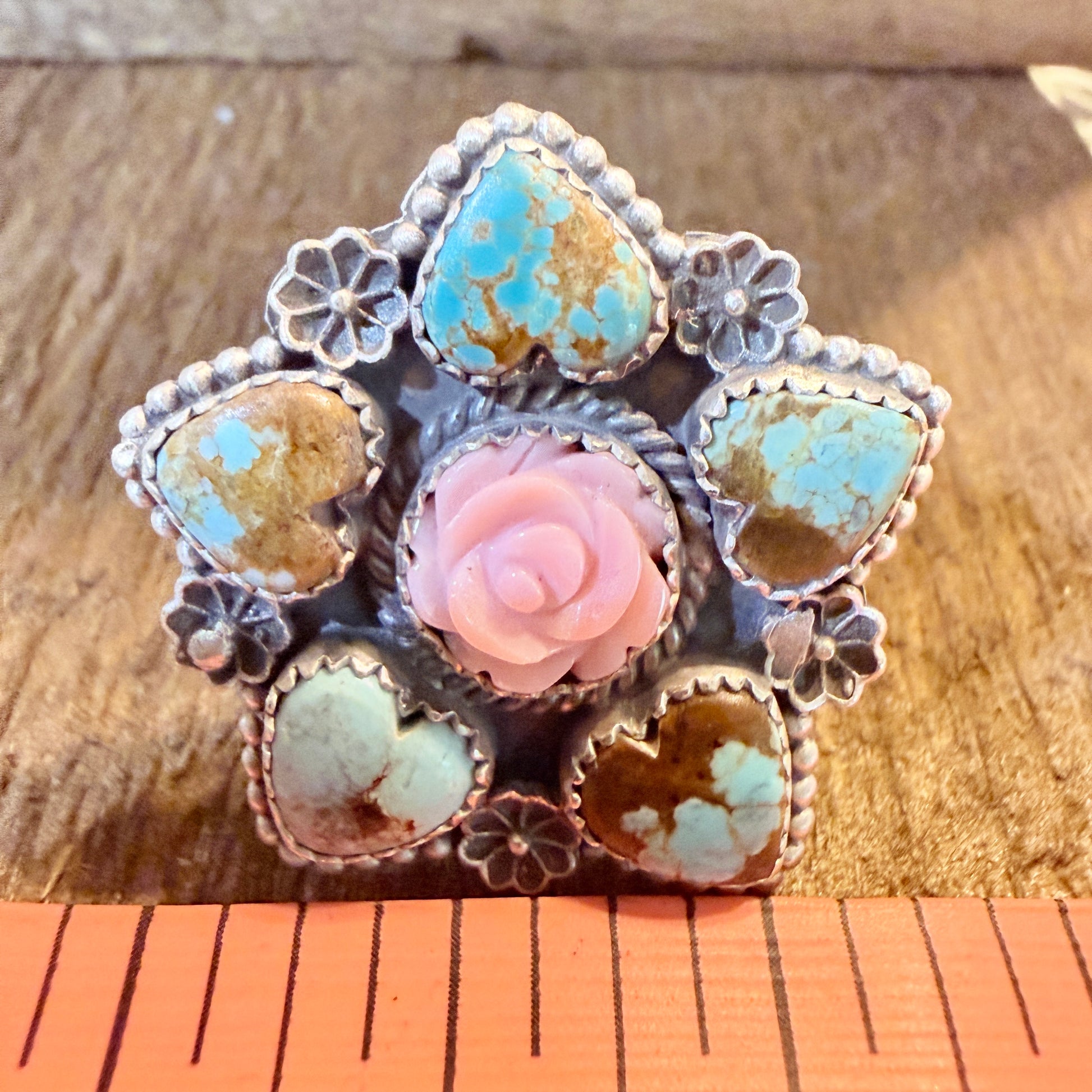 Mine Number 8 Turquoise And Pink Conch Floral Cluster Adjustable Sterling Silver Ring Wild West Boho