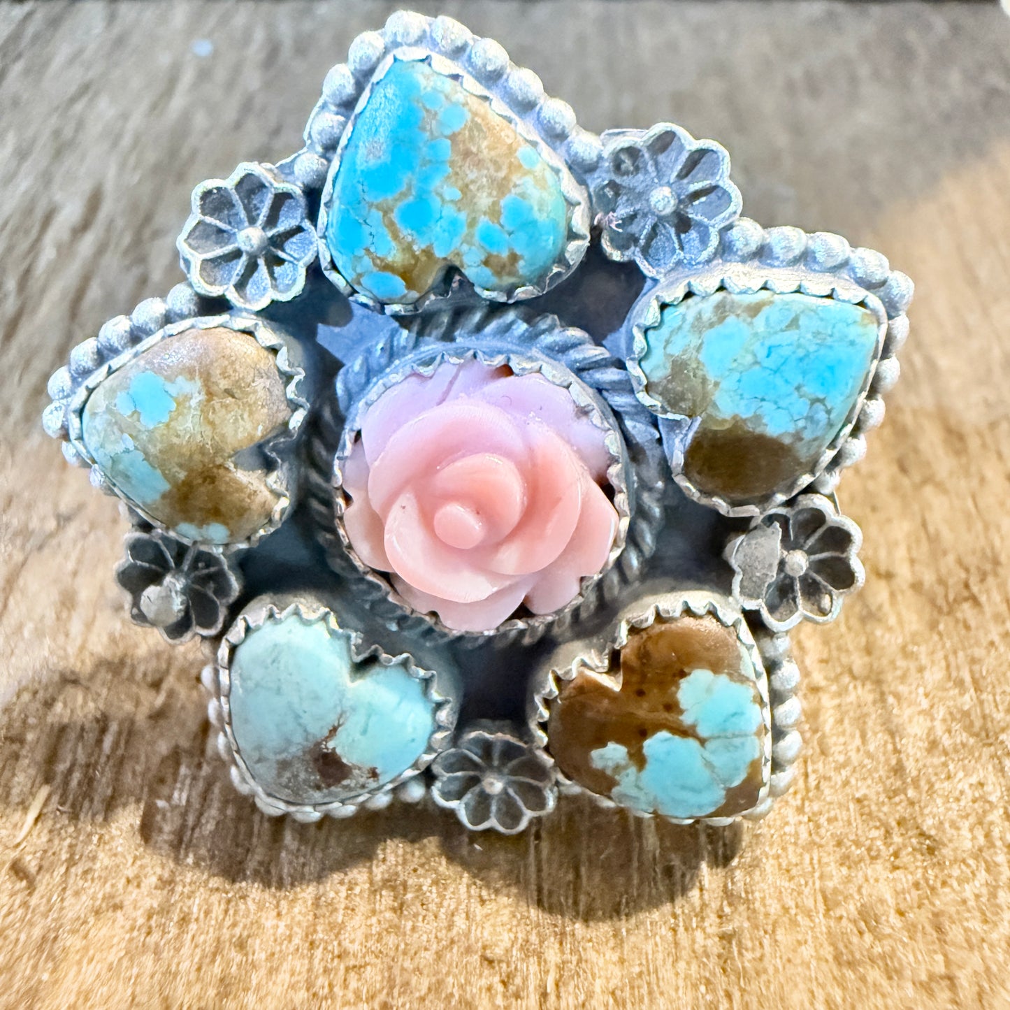 Mine Number 8 Turquoise And Pink Conch Floral Cluster Adjustable Sterling Silver Ring Wild West Boho