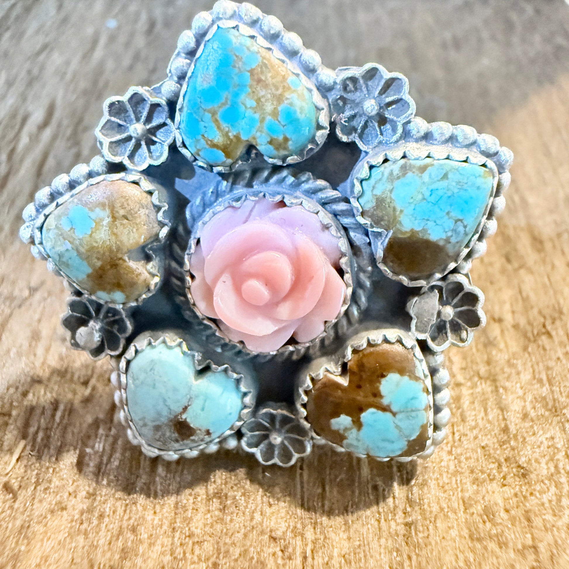 Mine Number 8 Turquoise And Pink Conch Floral Cluster Adjustable Sterling Silver Ring Wild West Boho