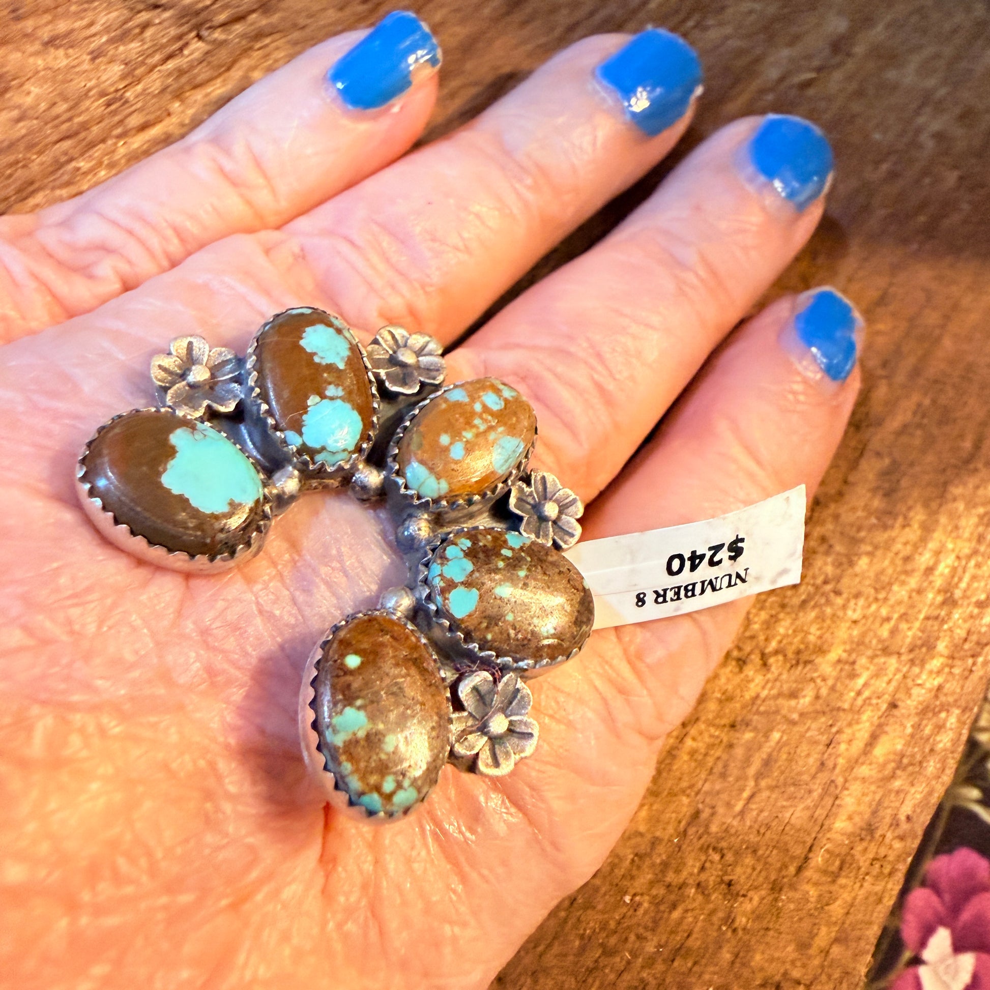 Mine Number 8 Turquoise Gemstones Naja Adjustable Ring Sterling Silver Wild West Boho