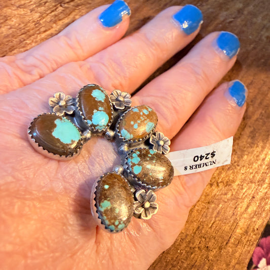 Mine Number 8 Turquoise Gemstones Naja Adjustable Ring Sterling Silver Wild West Boho