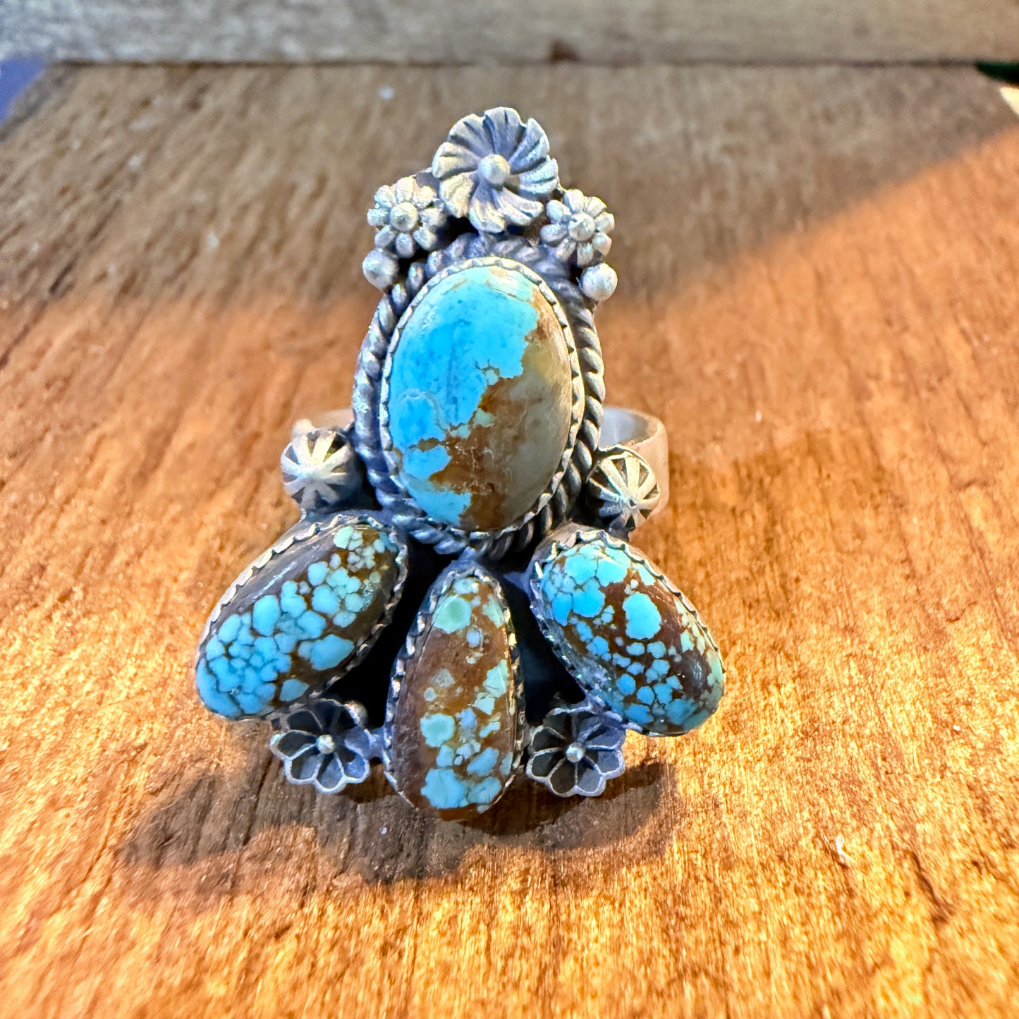 Mine Number 8 Turquoise Gemstone Floral Adjustable Cluster Ring Sterling Silver Wild West Boho