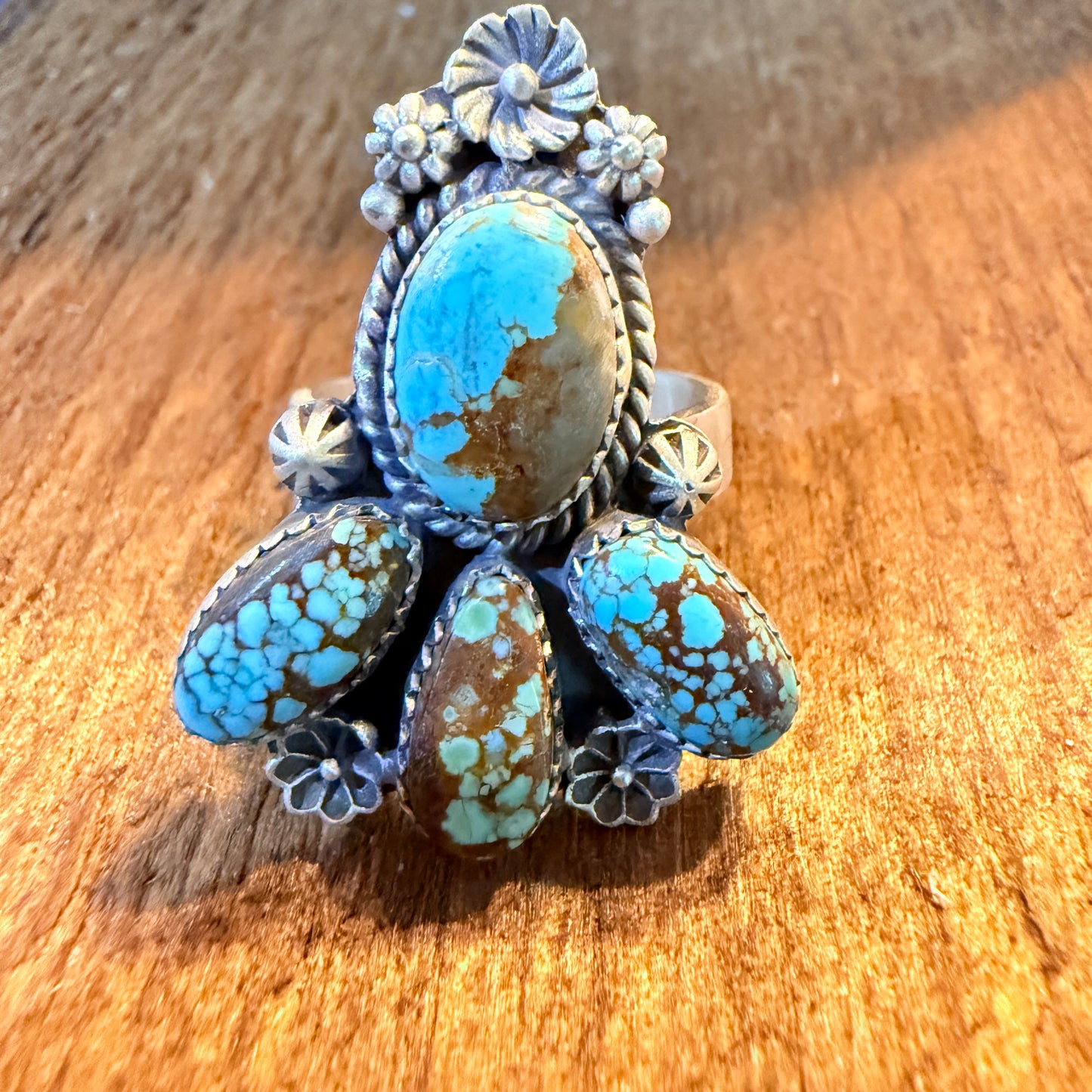 Mine Number 8 Turquoise Gemstone Floral Adjustable Cluster Ring Sterling Silver Wild West Boho