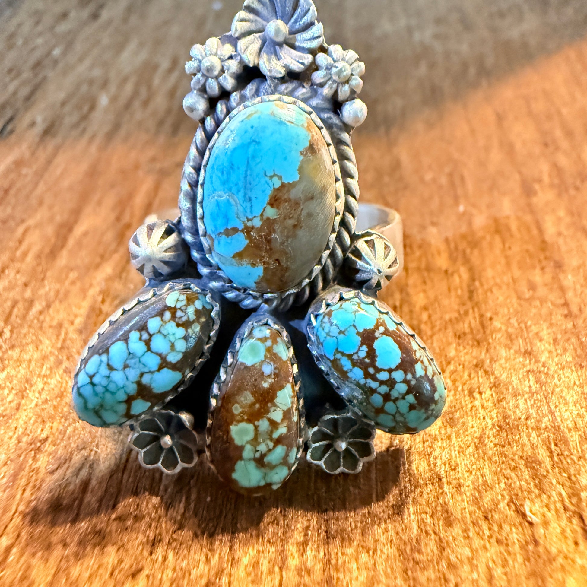 Mine Number 8 Turquoise Gemstone Floral Adjustable Cluster Ring Sterling Silver Wild West Boho