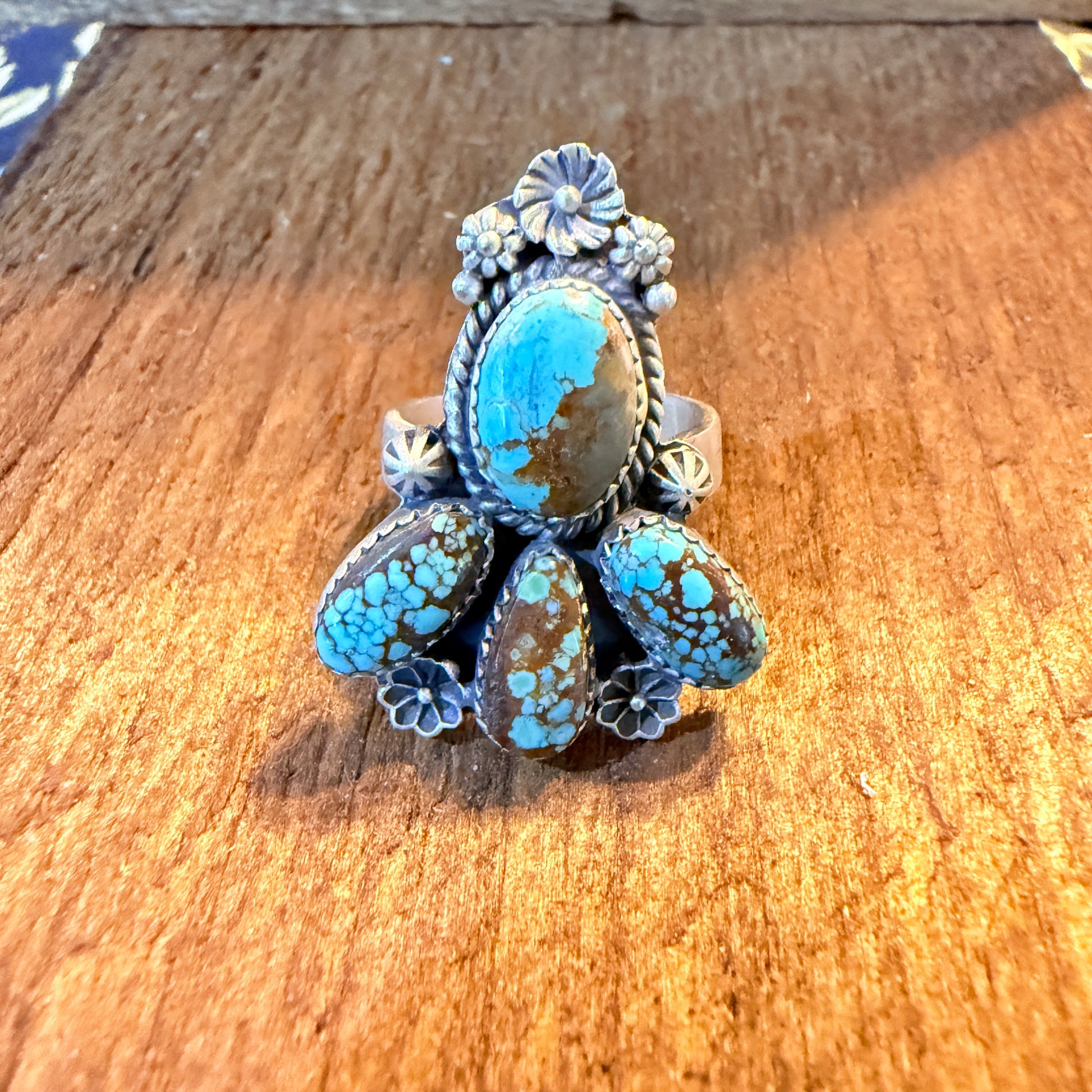 Mine Number 8 Turquoise Gemstone Floral Adjustable Cluster Ring Sterling Silver Wild West Boho