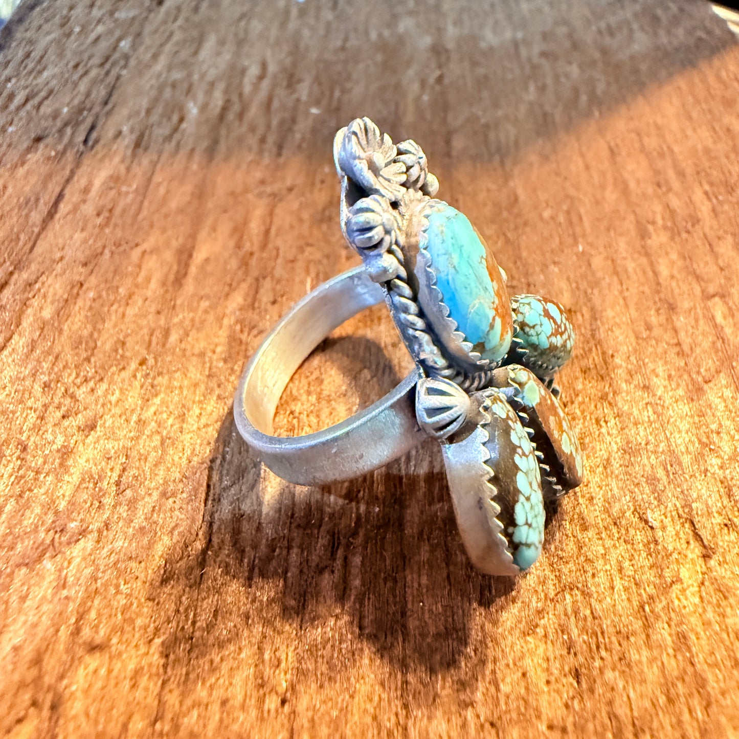 Mine Number 8 Turquoise Gemstone Floral Adjustable Cluster Ring Sterling Silver Wild West Boho