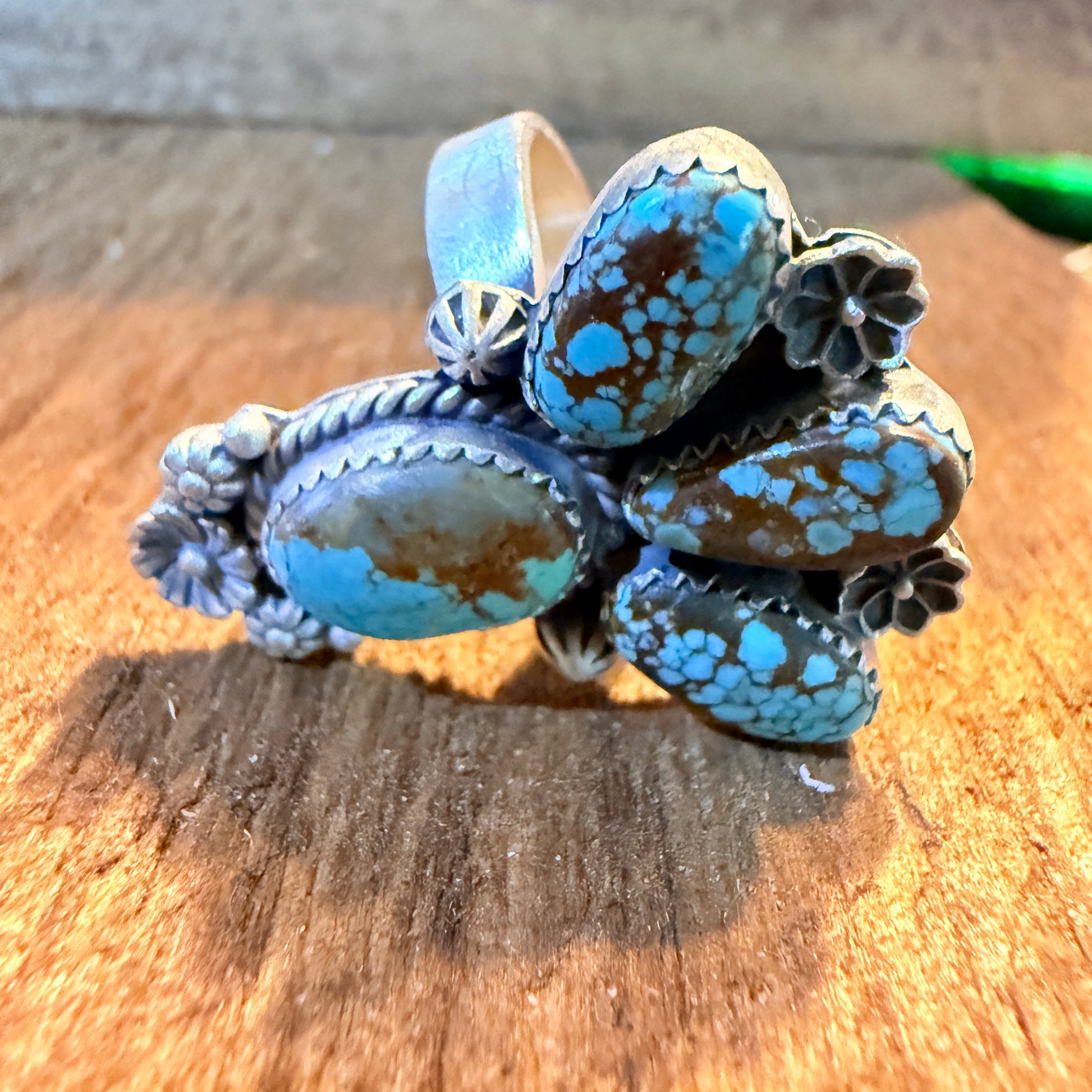 Mine Number 8 Turquoise Gemstone Floral Adjustable Cluster Ring Sterling Silver Wild West Boho