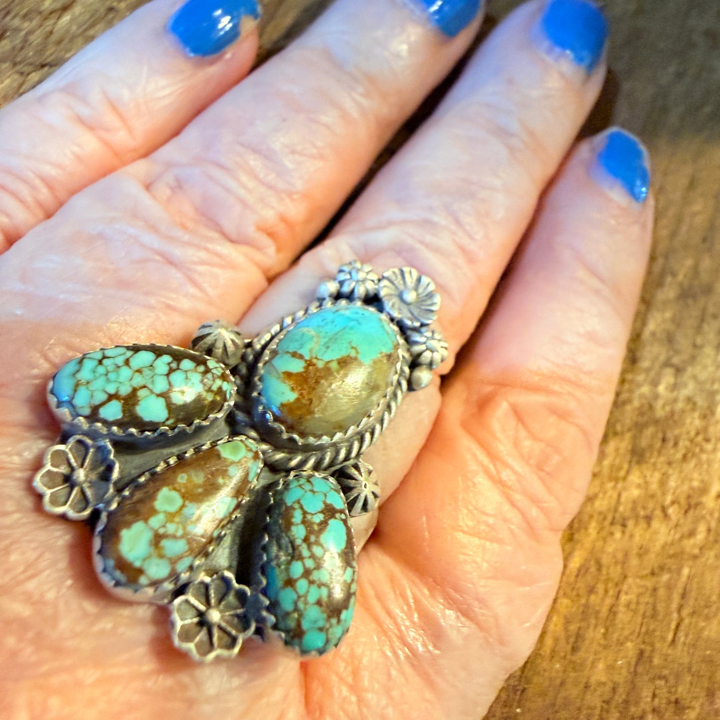 Mine Number 8 Turquoise Gemstone Floral Adjustable Cluster Ring Sterling Silver Wild West Boho