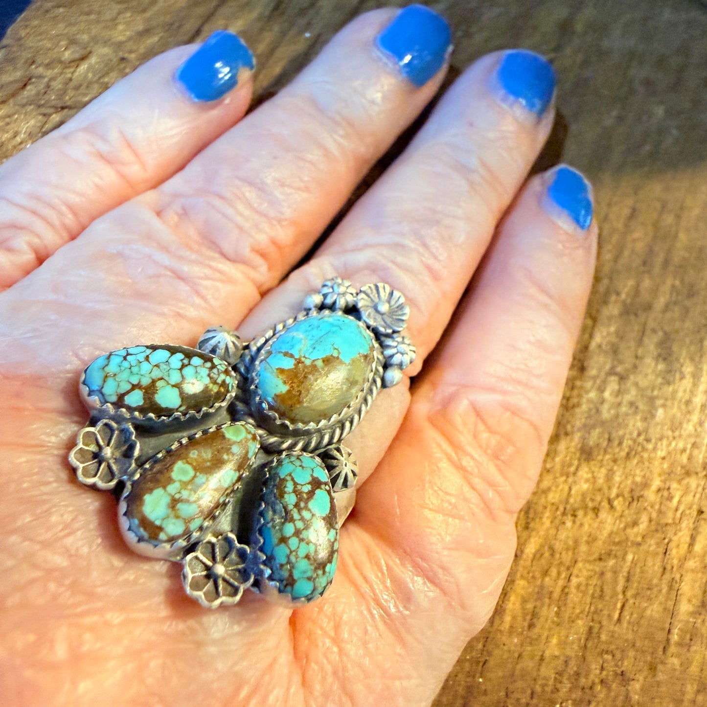 Mine Number 8 Turquoise Gemstone Floral Adjustable Cluster Ring Sterling Silver Wild West Boho