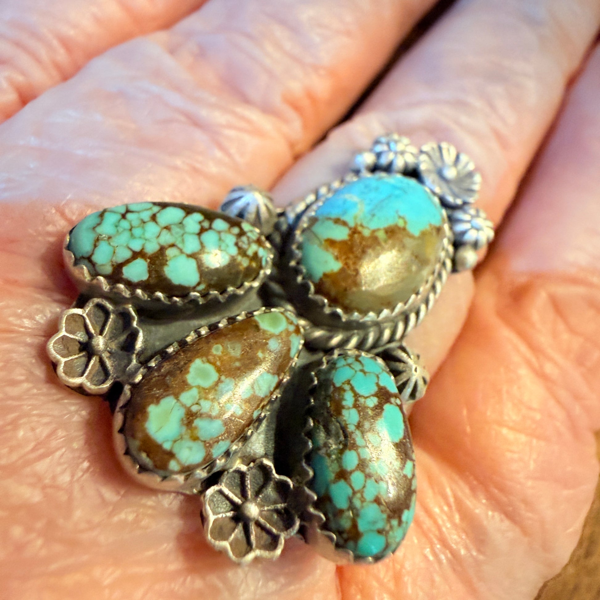 Mine Number 8 Turquoise Gemstone Floral Adjustable Cluster Ring Sterling Silver Wild West Boho