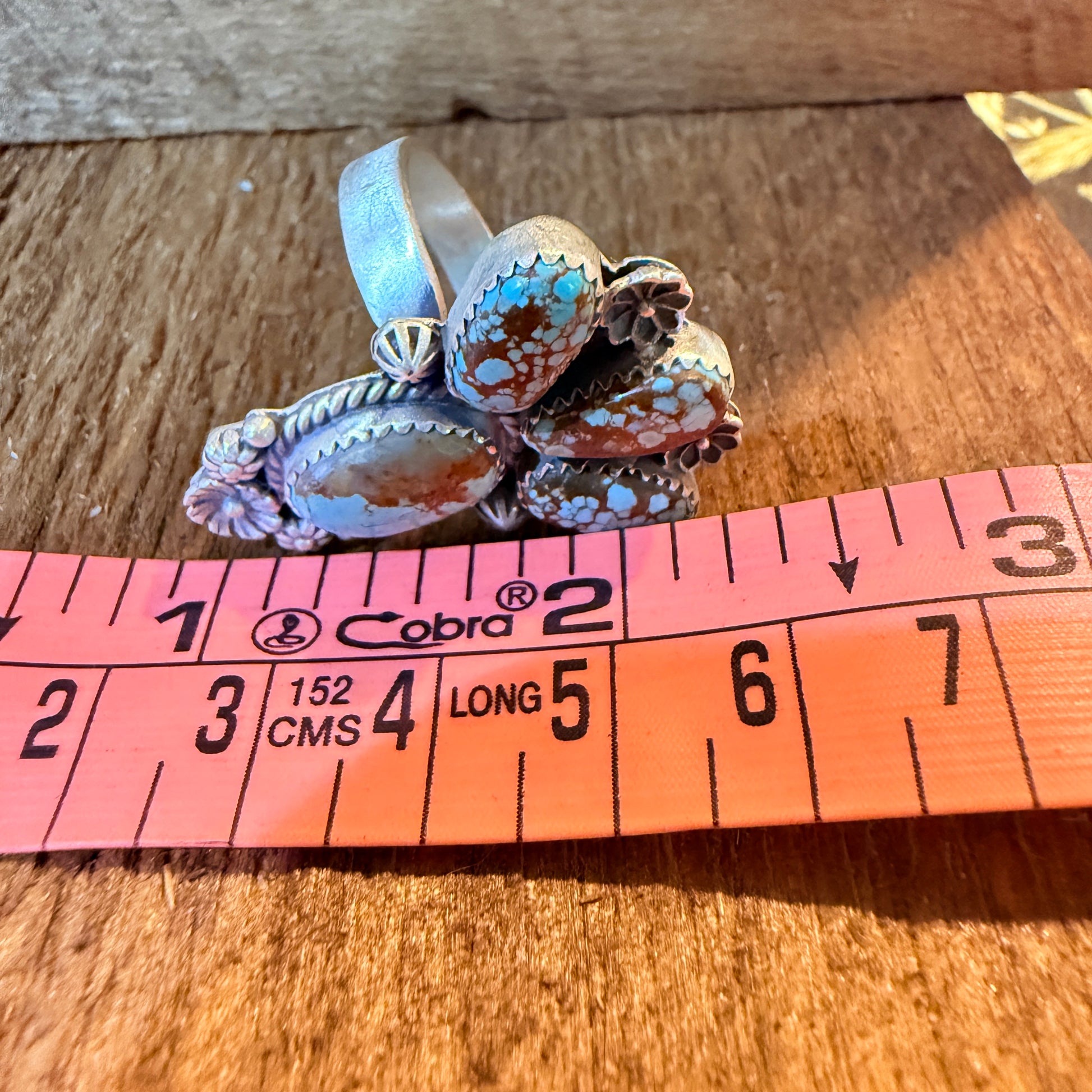 Mine Number 8 Turquoise Gemstone Floral Adjustable Cluster Ring Sterling Silver Wild West Boho