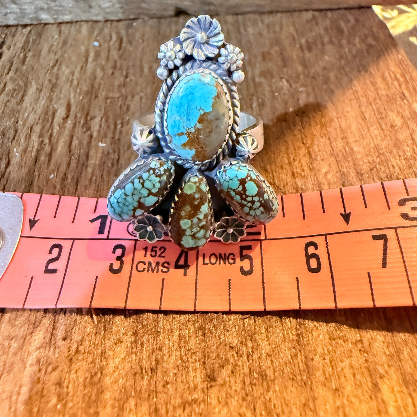 Mine Number 8 Turquoise Gemstone Floral Adjustable Cluster Ring Sterling Silver Wild West Boho