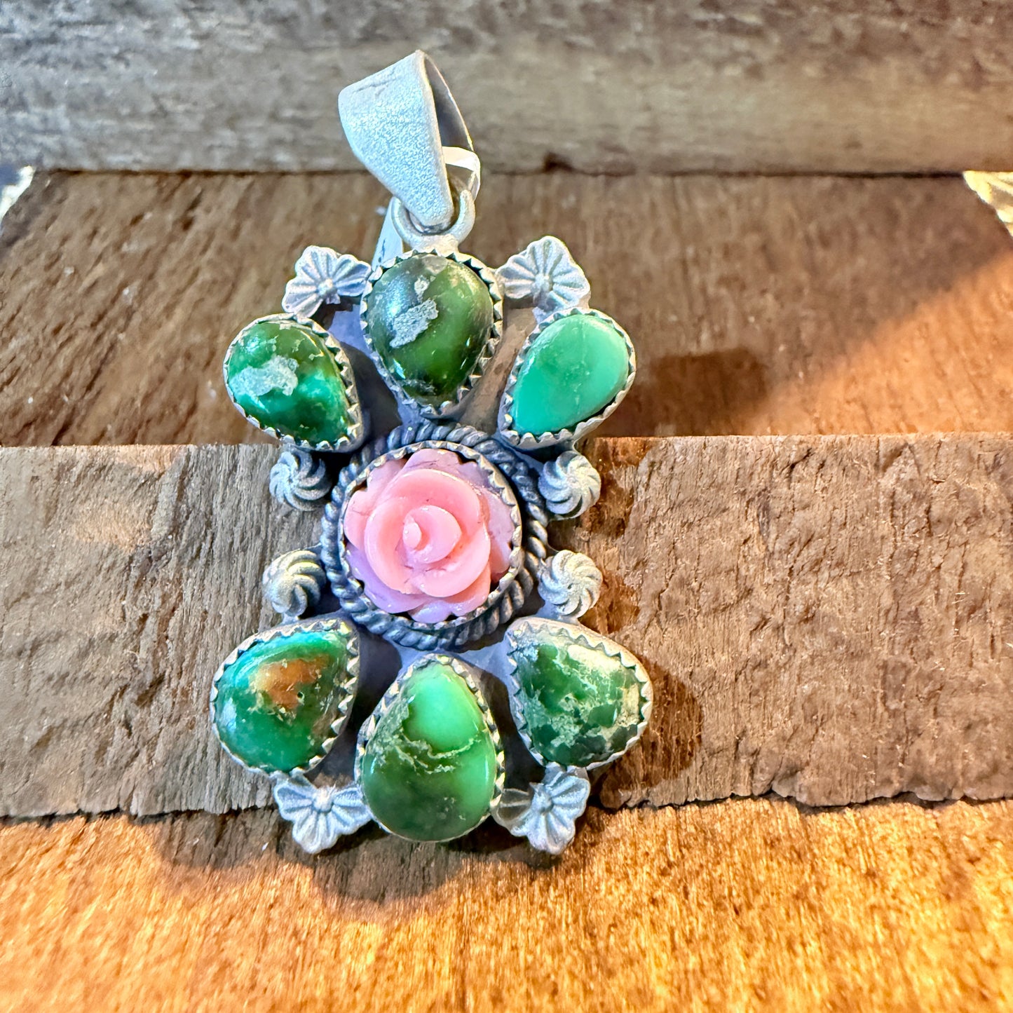 Sonoran Gold Pink Conch Rose 2 Inch Cluster Pendant Sterling Silver Wild West Boho