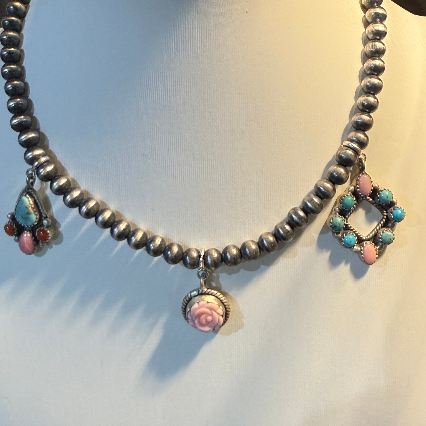 Queen Pink Conch And Kingman Turquoise Choker Necklace 14 Inch Desert Pearls Wild West Boho