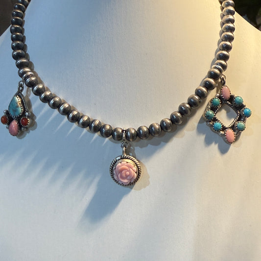 Queen Pink Conch And Kingman Turquoise Choker Necklace 14 Inch Desert Pearls Wild West Boho