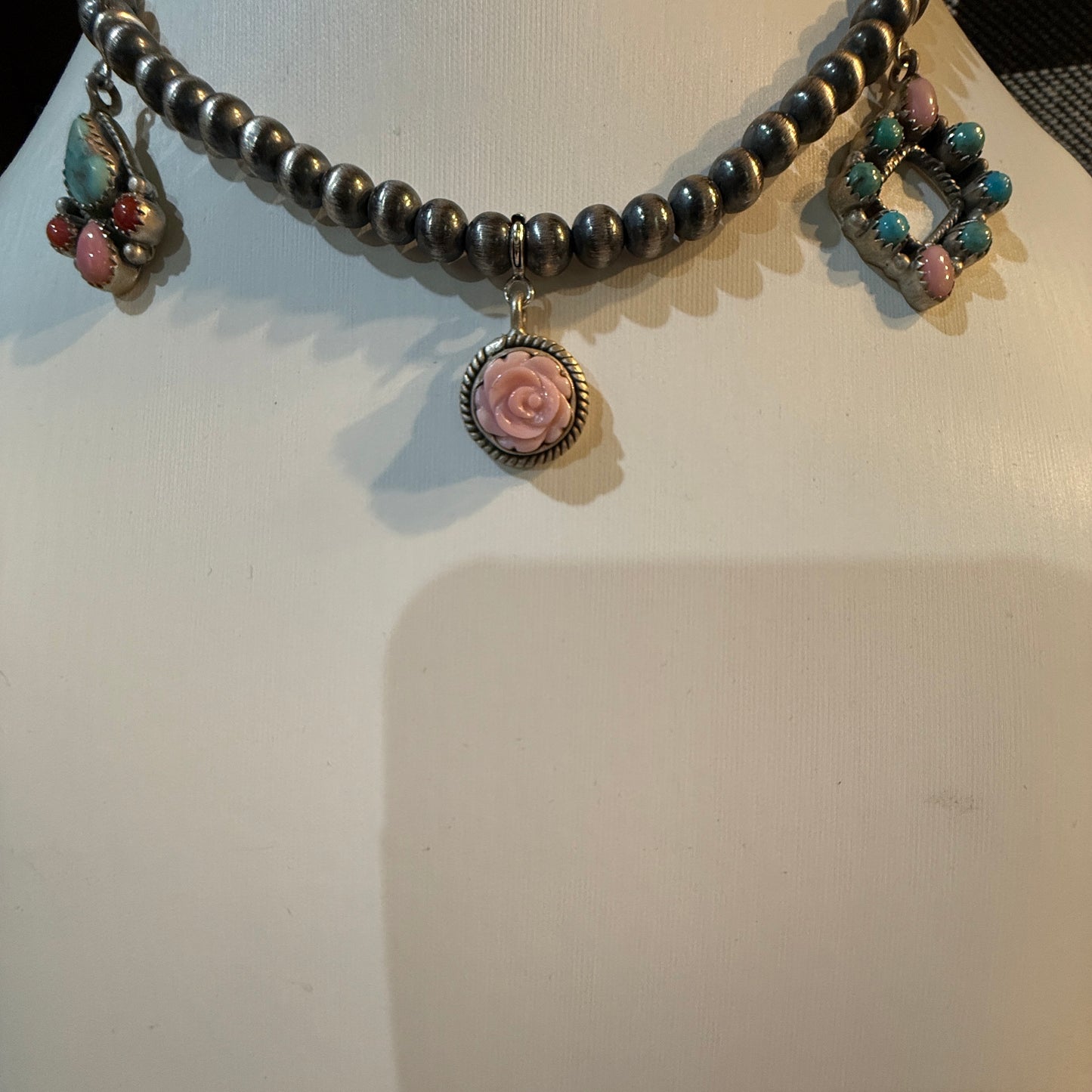 Queen Pink Conch And Kingman Turquoise Choker Necklace 14 Inch Desert Pearls Wild West Boho