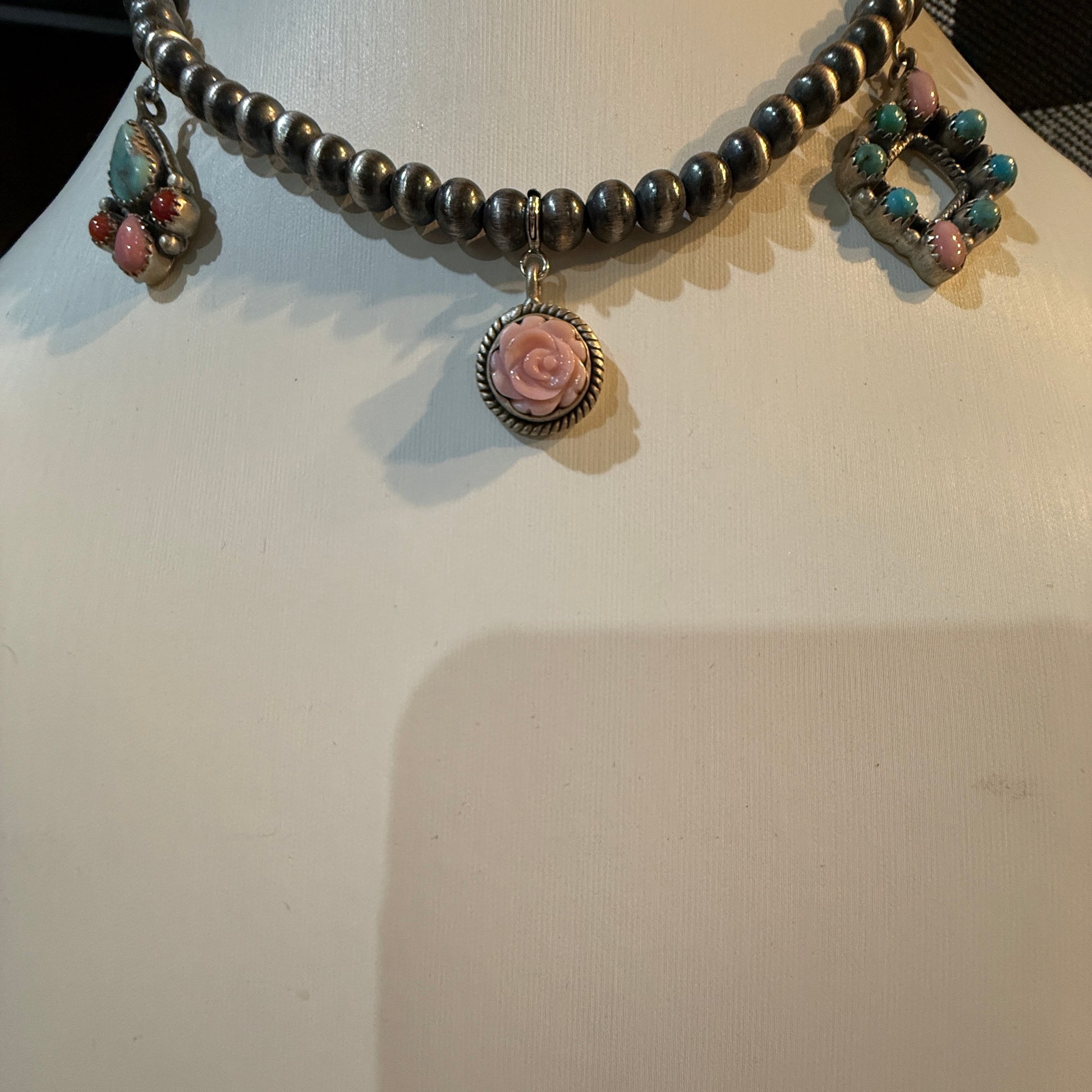 Queen Pink Conch And Kingman Turquoise Choker Necklace 14 Inch Desert Pearls Wild West Boho