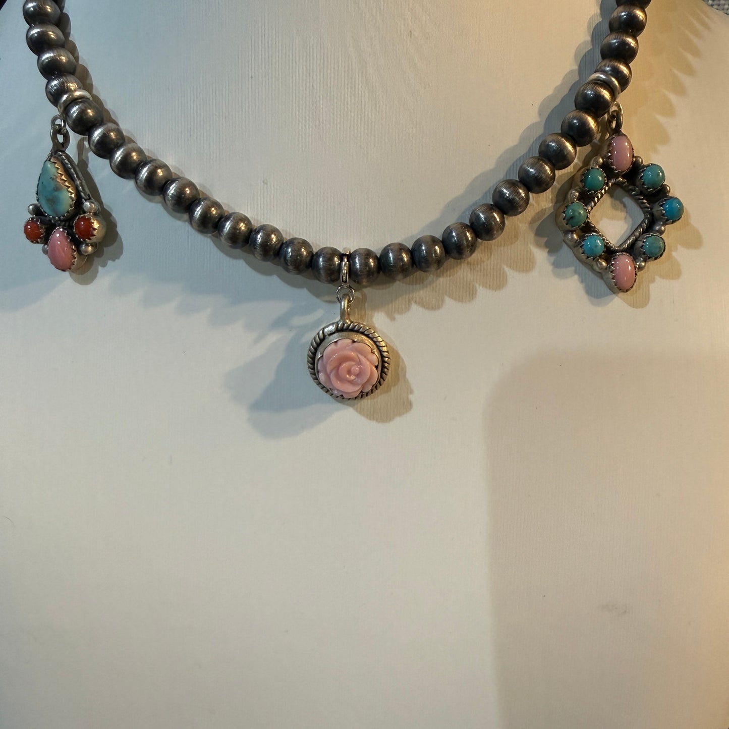 Queen Pink Conch And Kingman Turquoise Choker Necklace 14 Inch Desert Pearls Wild West Boho