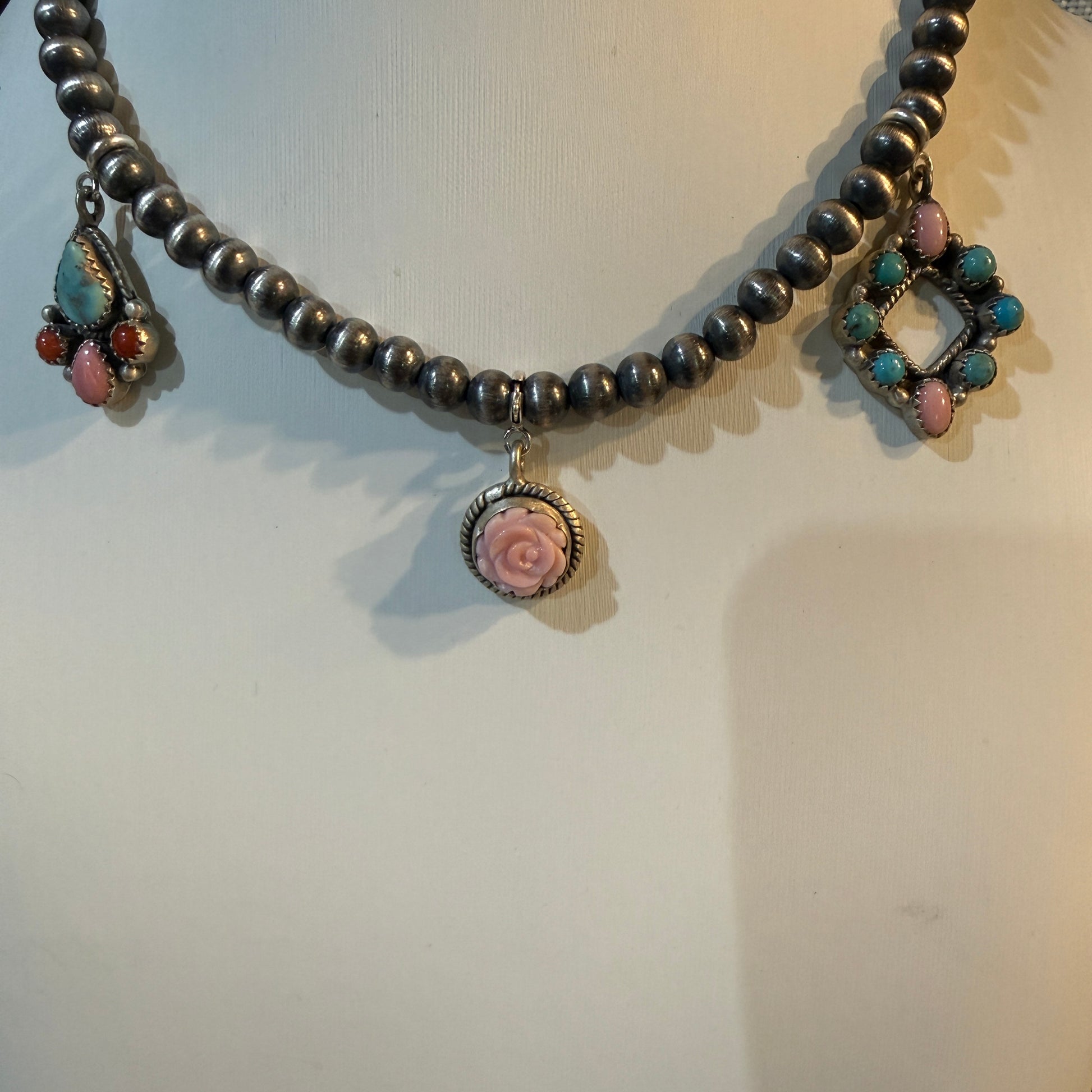 Queen Pink Conch And Kingman Turquoise Choker Necklace 14 Inch Desert Pearls Wild West Boho