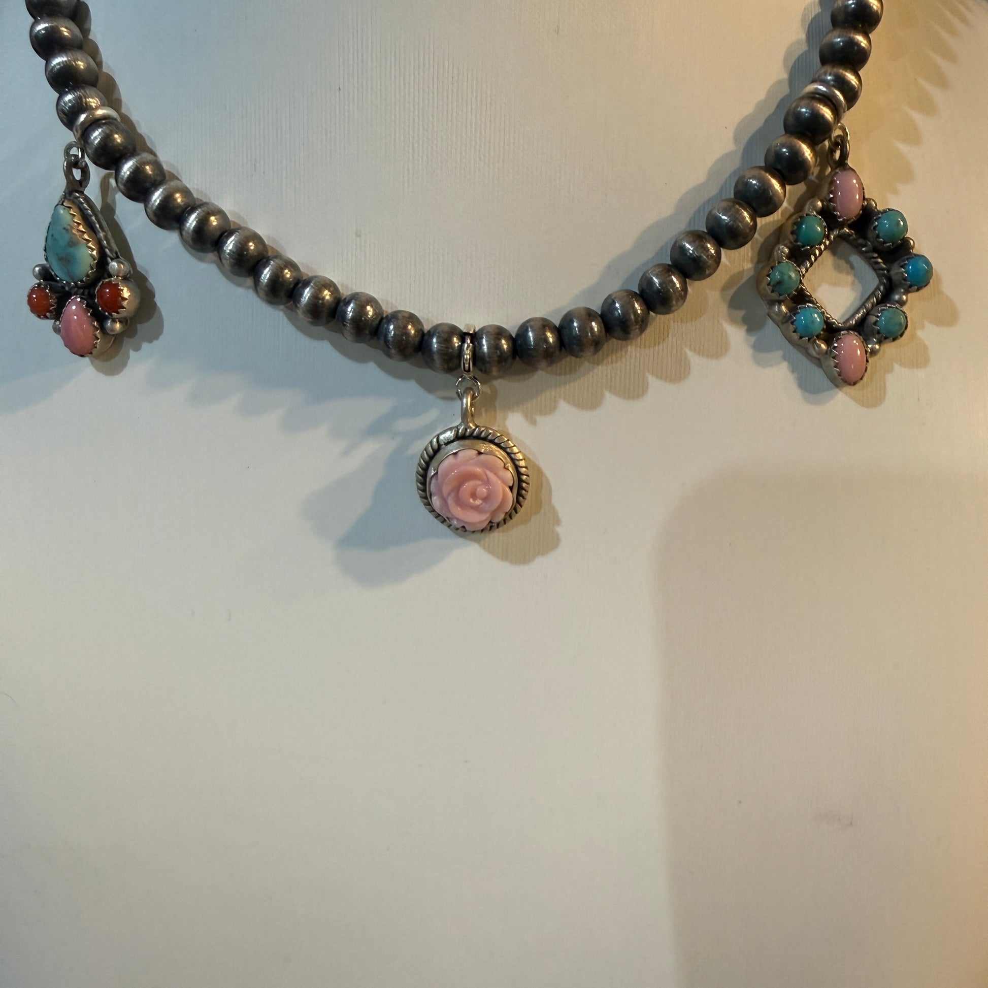Queen Pink Conch And Kingman Turquoise Choker Necklace 14 Inch Desert Pearls Wild West Boho