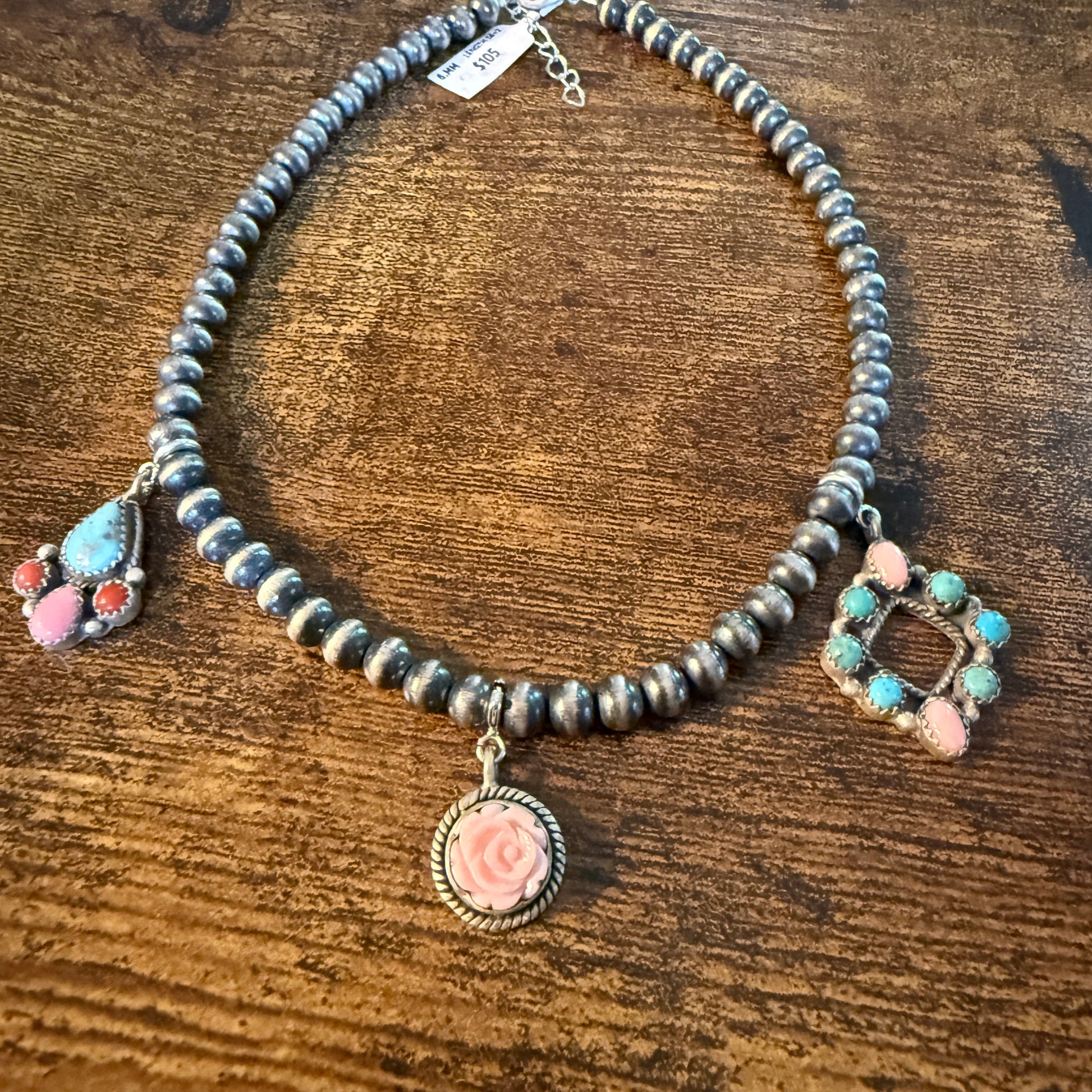 Queen Pink Conch And Kingman Turquoise Choker Necklace 14 Inch Desert Pearls Wild West Boho