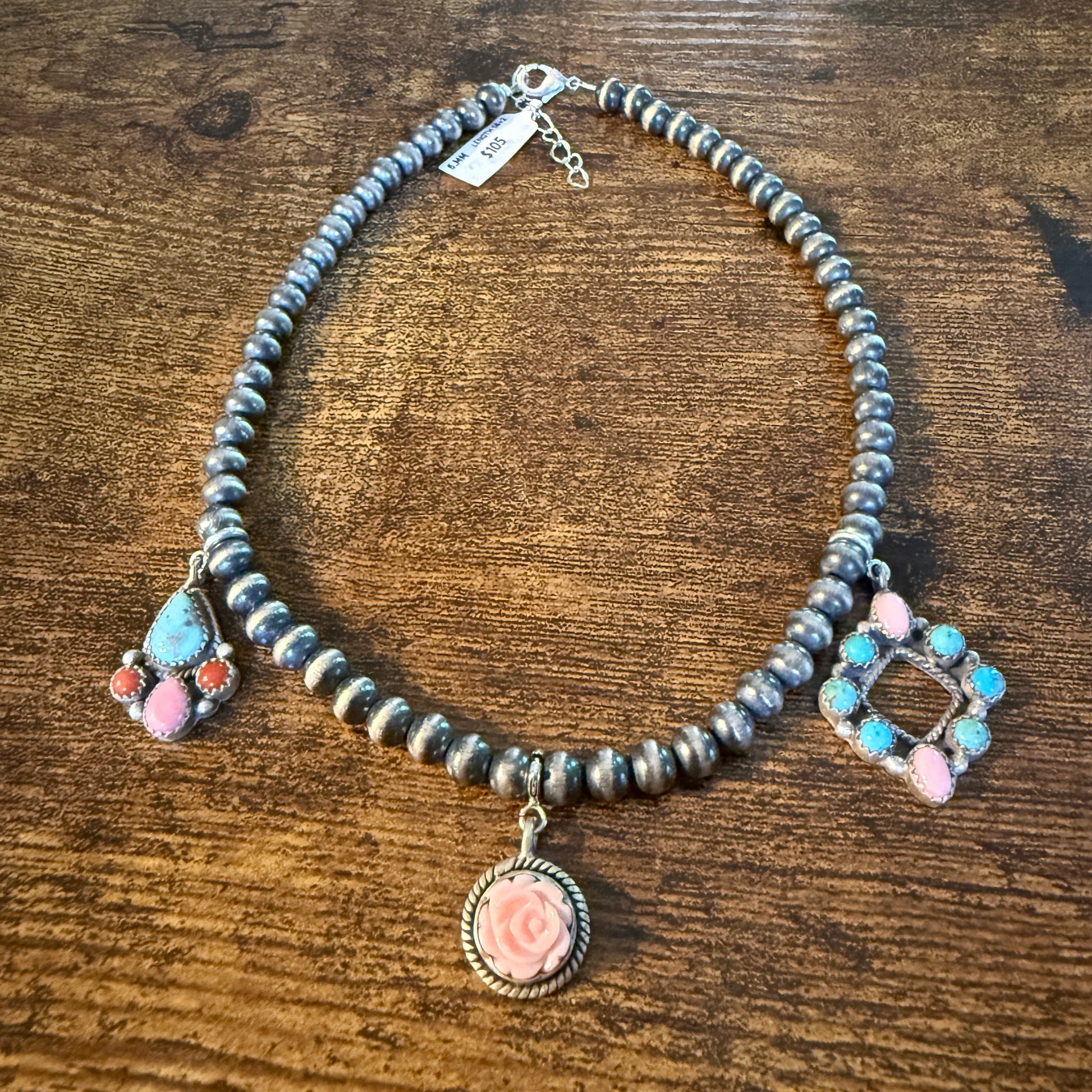 Queen Pink Conch And Kingman Turquoise Choker Necklace 14 Inch Desert Pearls Wild West Boho