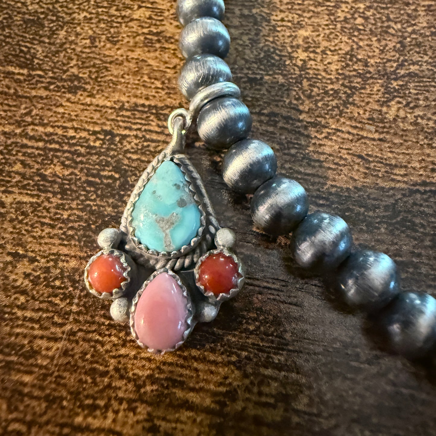 Queen Pink Conch And Kingman Turquoise Choker Necklace 14 Inch Desert Pearls Wild West Boho