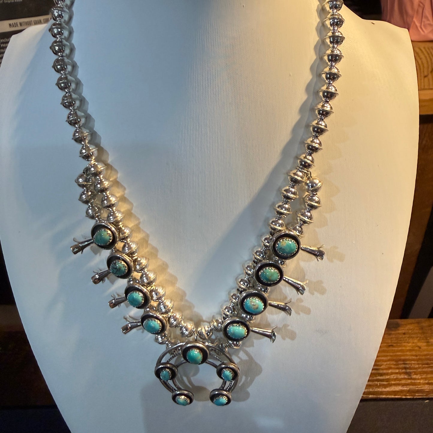 Linore Garcia Signed Navajo Handmade Turquoise Squash Blossom Necklace in Sterling Silver Wild West Boho