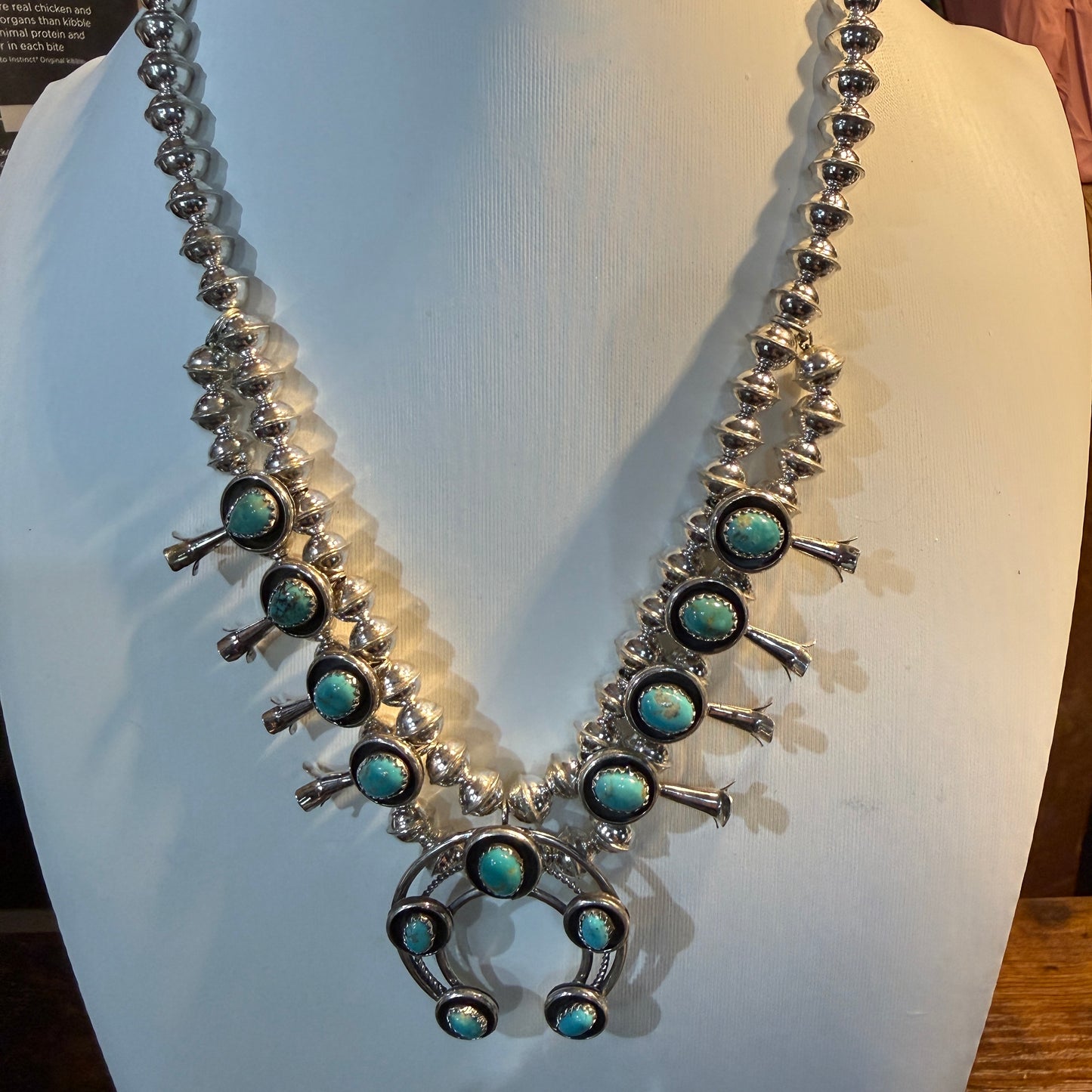 Linore Garcia Signed Navajo Handmade Turquoise Squash Blossom Necklace in Sterling Silver Wild West Boho