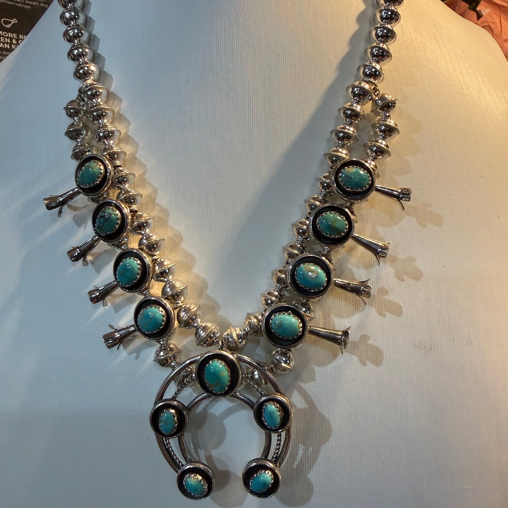 Linore Garcia Signed Navajo Handmade Turquoise Squash Blossom Necklace in Sterling Silver Wild West Boho