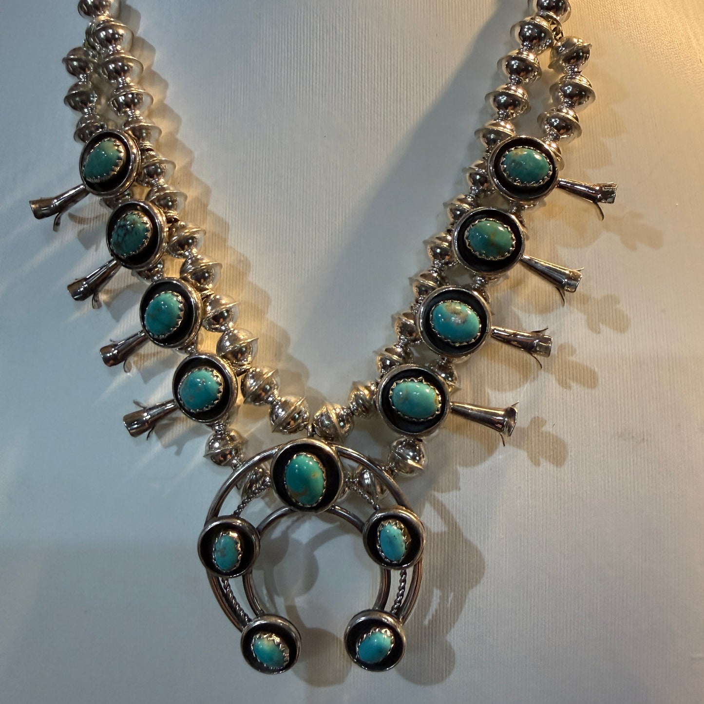 Linore Garcia Signed Navajo Handmade Turquoise Squash Blossom Necklace in Sterling Silver Wild West Boho