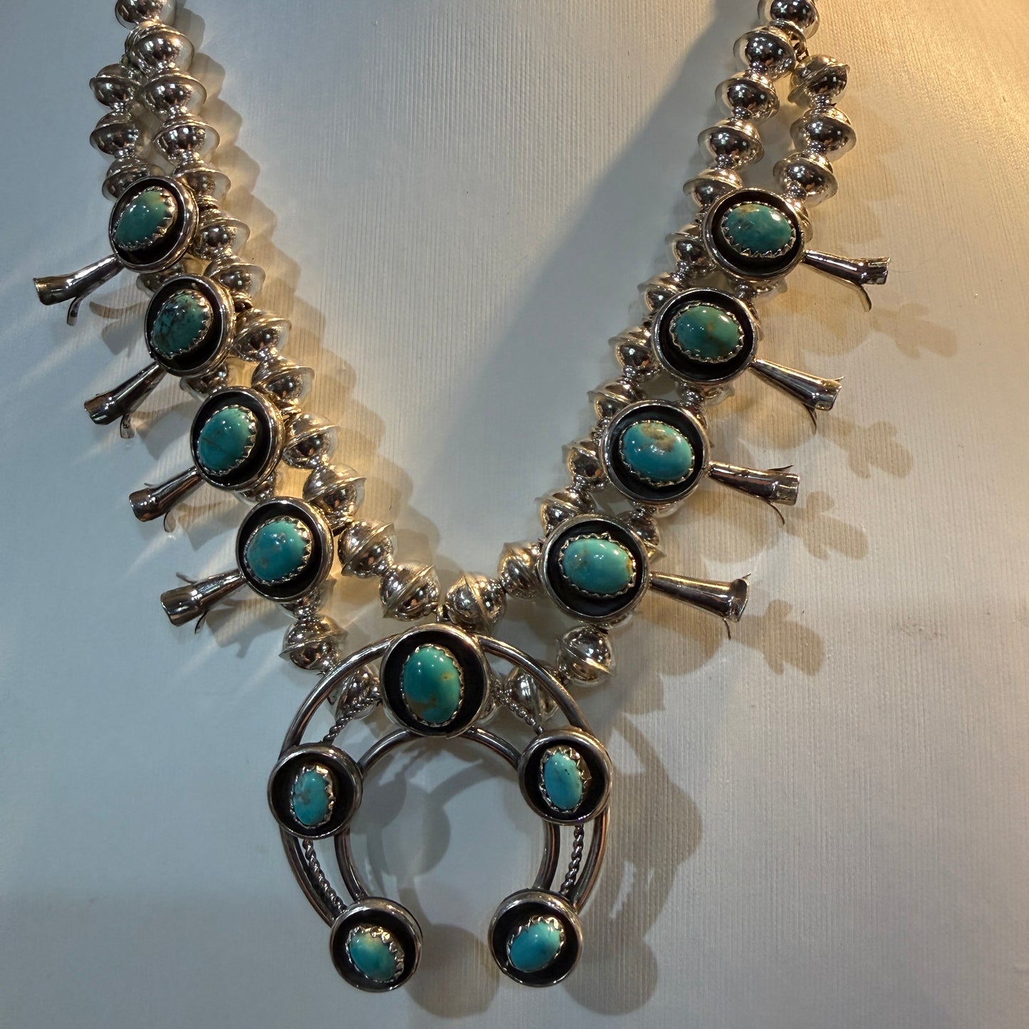 Linore Garcia Signed Navajo Handmade Turquoise Squash Blossom Necklace in Sterling Silver Wild West Boho