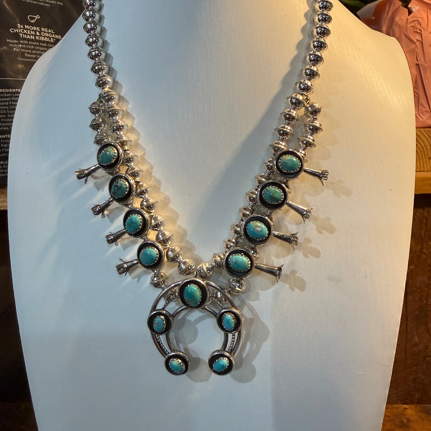 Linore Garcia Signed Navajo Handmade Turquoise Squash Blossom Necklace in Sterling Silver Wild West Boho