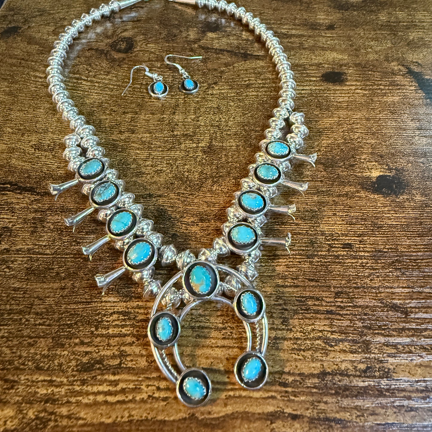 Linore Garcia Signed Navajo Handmade Turquoise Squash Blossom Necklace in Sterling Silver Wild West Boho