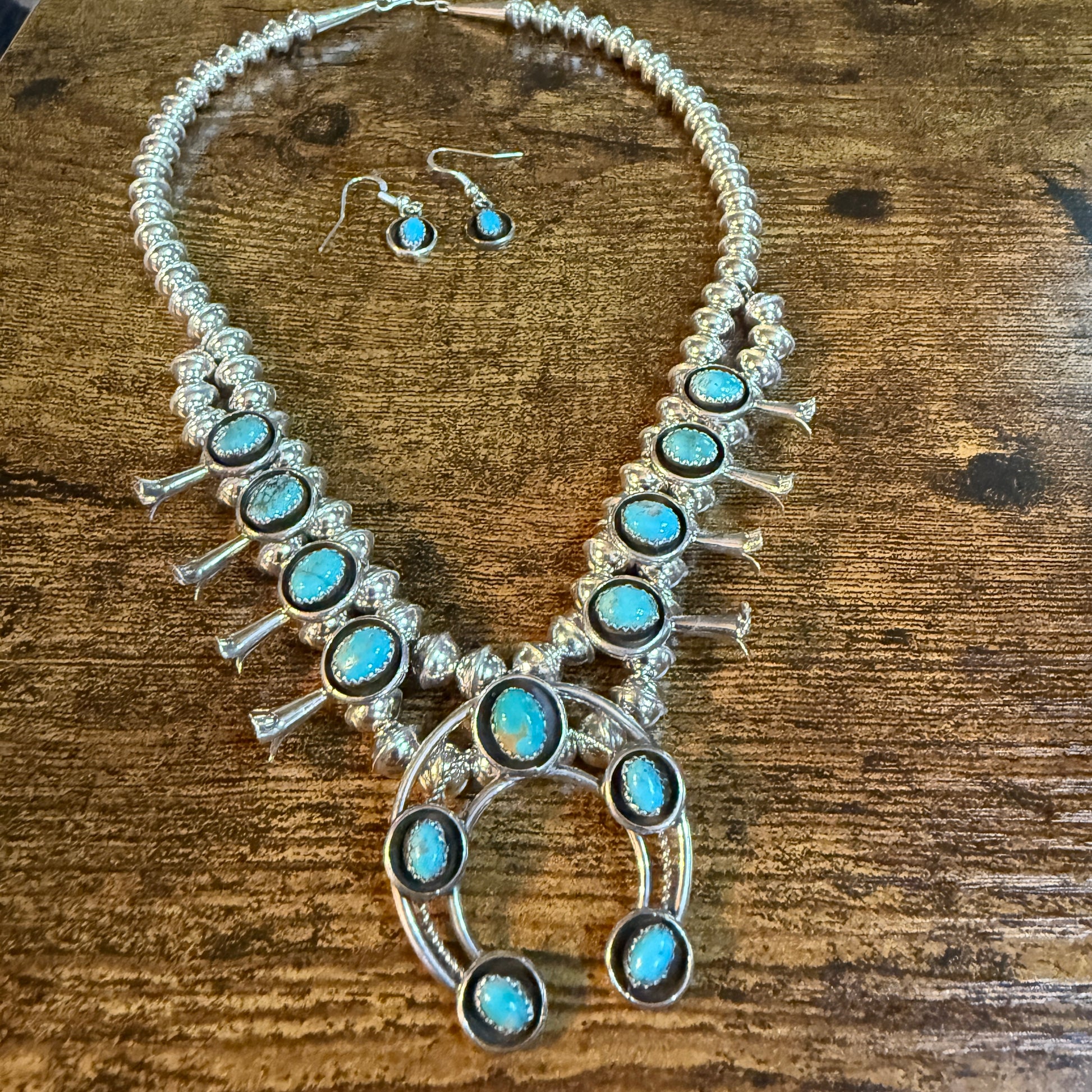 Linore Garcia Signed Navajo Handmade Turquoise Squash Blossom Necklace in Sterling Silver Wild West Boho